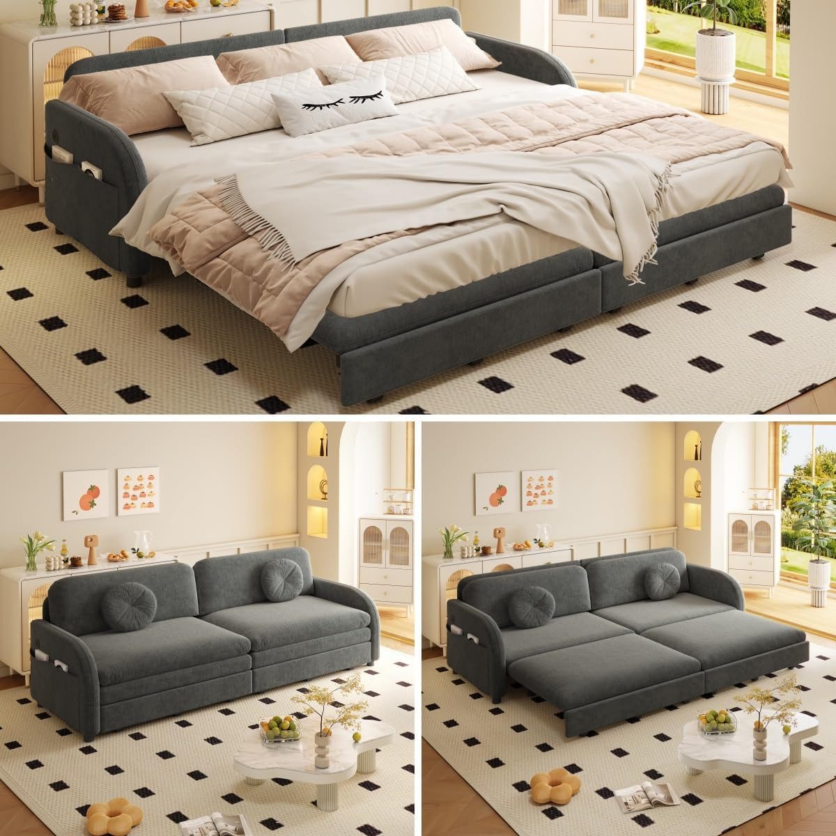 ANYSUN 2-Sitzer Schlafsofa 3-in-1 Loungesofa ausziehbares Sofa166 cm oder 206 cm, Chenille-Sofa mit Schlaffunktion,Queen-Size King-Size, 2-Sitzer Schlafsofa mit losen Kissen und Stautaschen an beiden Seiten