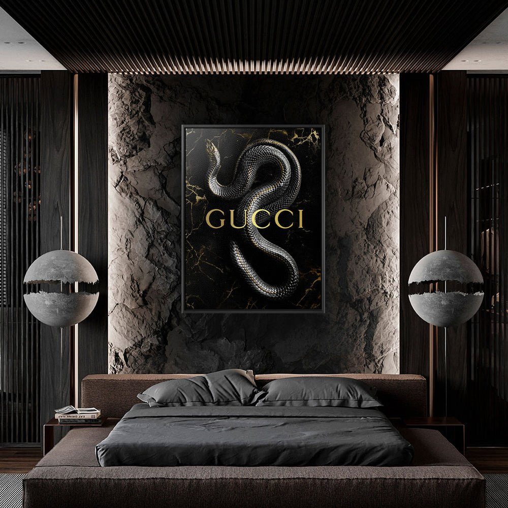 DOTCOMCANVAS® Leinwandbild, Leinwandbild Schlange schwarzer elegant luxury Rahmen Gucci schwarz snake mit gold edel