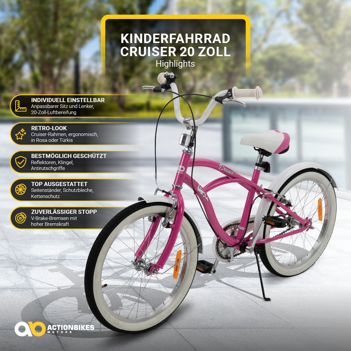 Actionbikes Motors Kinderfahrrad Kinder Fahrrad Cruiser 20 Zoll - ab 6 Jahre, 1 Gang, ohne Schaltung, (Reflektoren, Katzenaugen, Antirutschprofil, Klingel, Kettenschutz, 1-tlg., Trapez-Rahmen, V-Brake-Bremsen, max. Zuladung 40 kg), höhenverstellbares Bike Jungen Mädchen Kinderrad ab 115 cm rosa