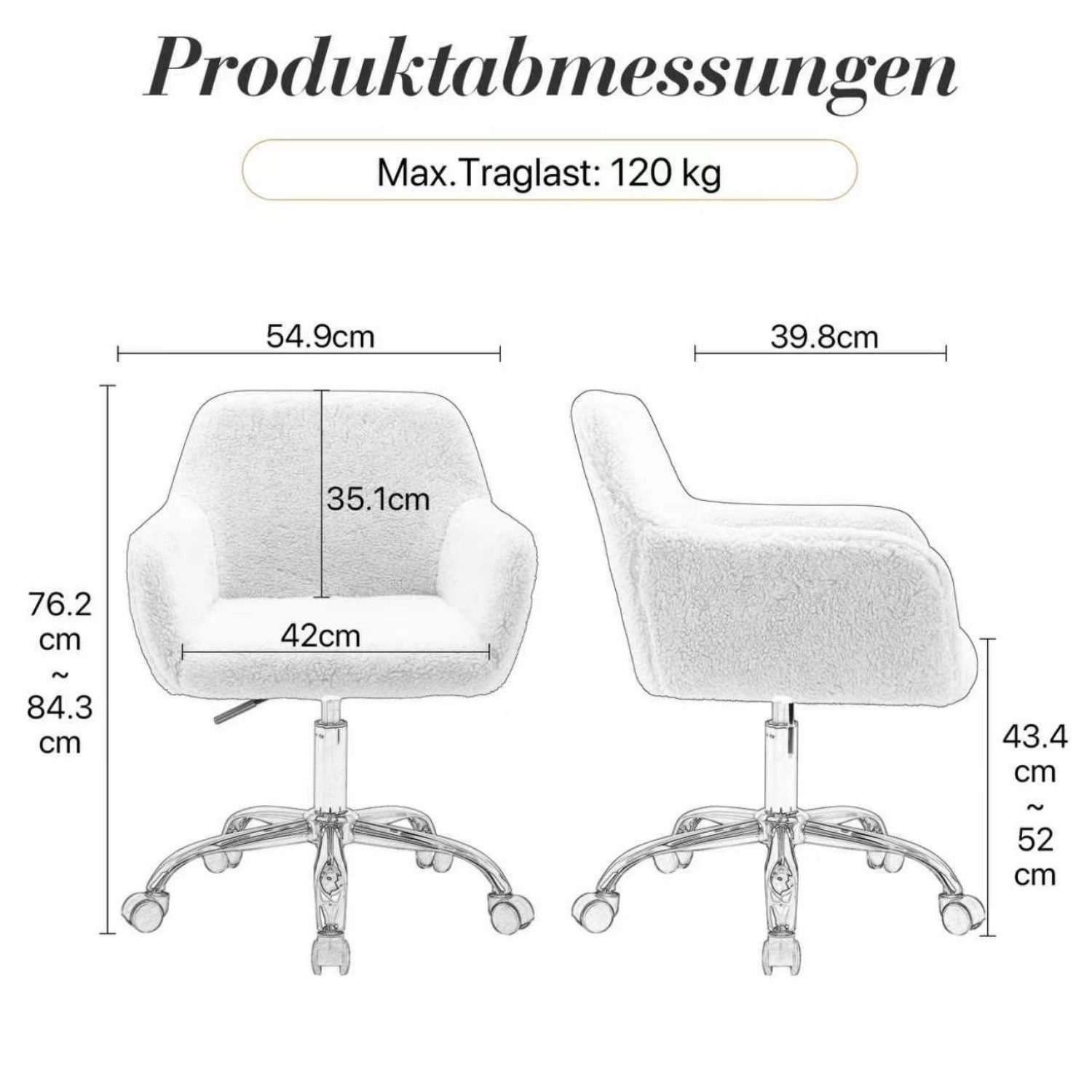 ANYSUN Bürostuhl Schminkstuhl mit Armlehnen,Rollen,360° Drehbar & höhenverstellbar (1 St), Schreibtischstuhl,Drehstuhl,Kunstfell für Schlafzimmer,Homeoffice,Wei – Bild 3 von 5