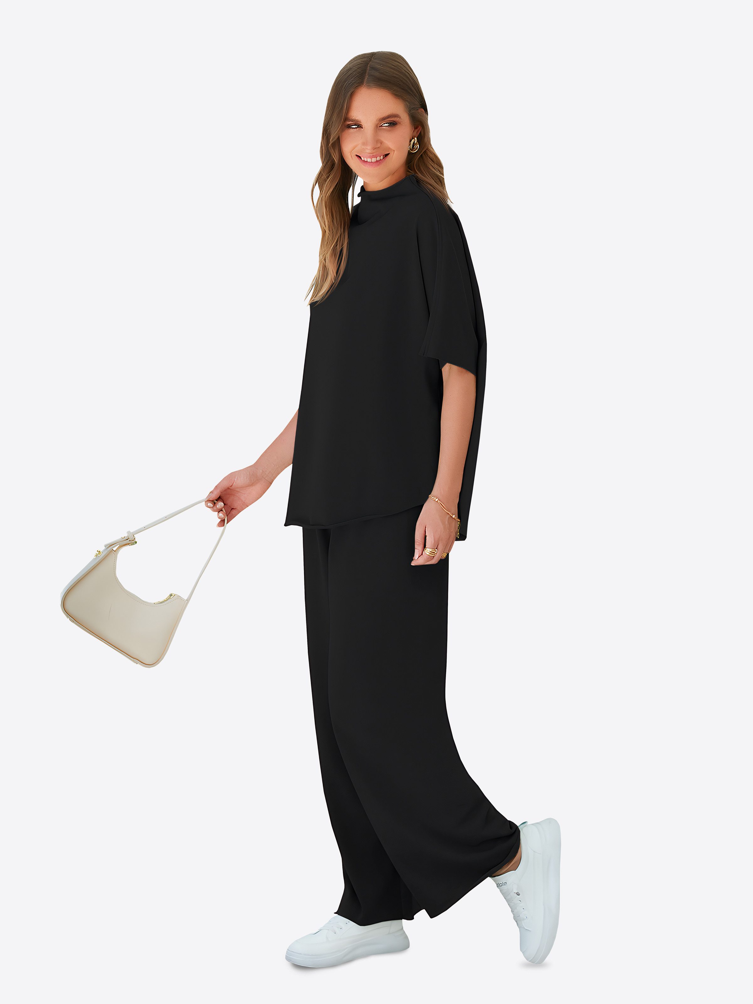 Imily Bela Hausanzug Damen Lounge-Set (Set, 2 tlg., Pullover-Oberteil mit 3/4-Fledermausärmeln + weite Hosen) Einfarbig – Bild 5 von 5