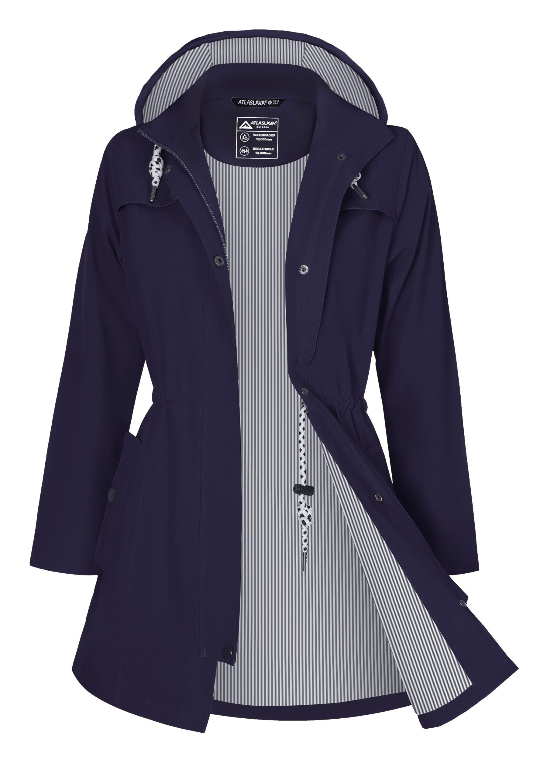 ATLASLAVA Regenjacke Damen Lang – Wasserdicht & Atmungsaktiv mit Kapuze (1-St) Übergangsjacke für Outdoor