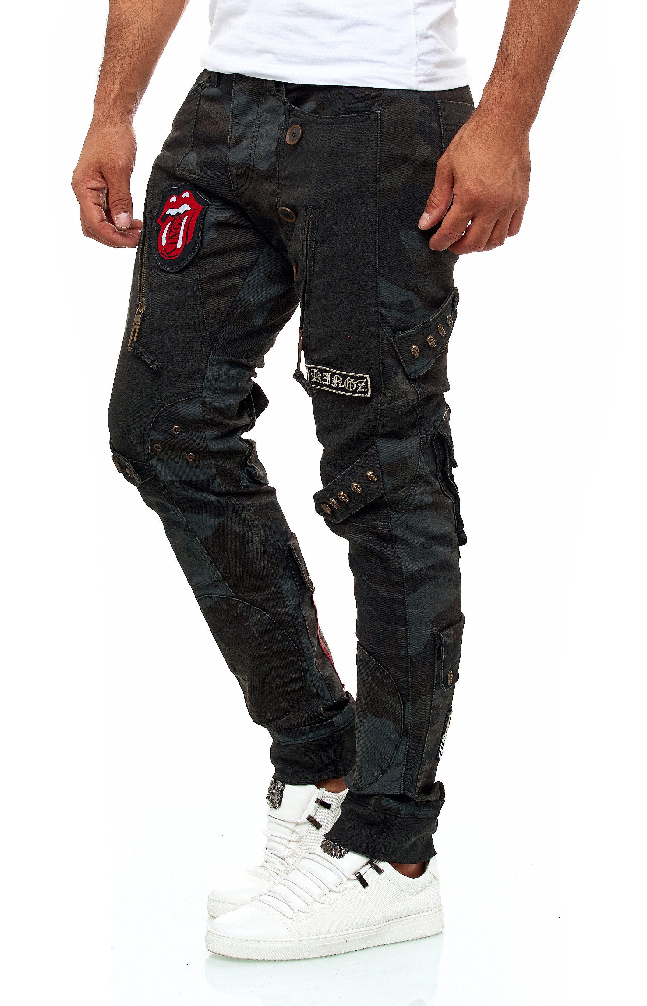 KINGZ Slim-fit-Jeans Herren Camouflage Designer Jeans