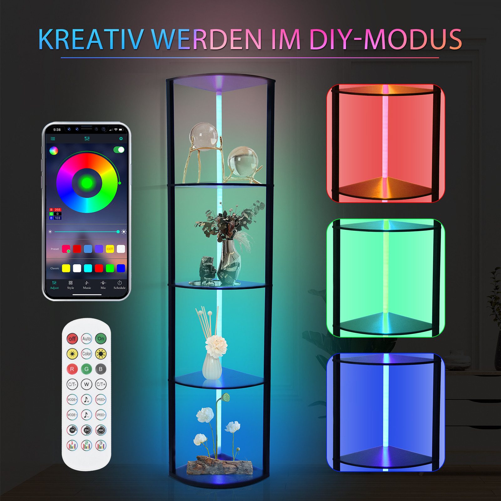 XIIW Eckvitrine LED Eckregal Standregal Bücherregal Vitrine mit Fernbedienung Smart (5 Etagen, 30×30×162 cm, Stehlampe Stehleuchte Regal aus Holz) für Wohnzimme – Bild 5 von 5