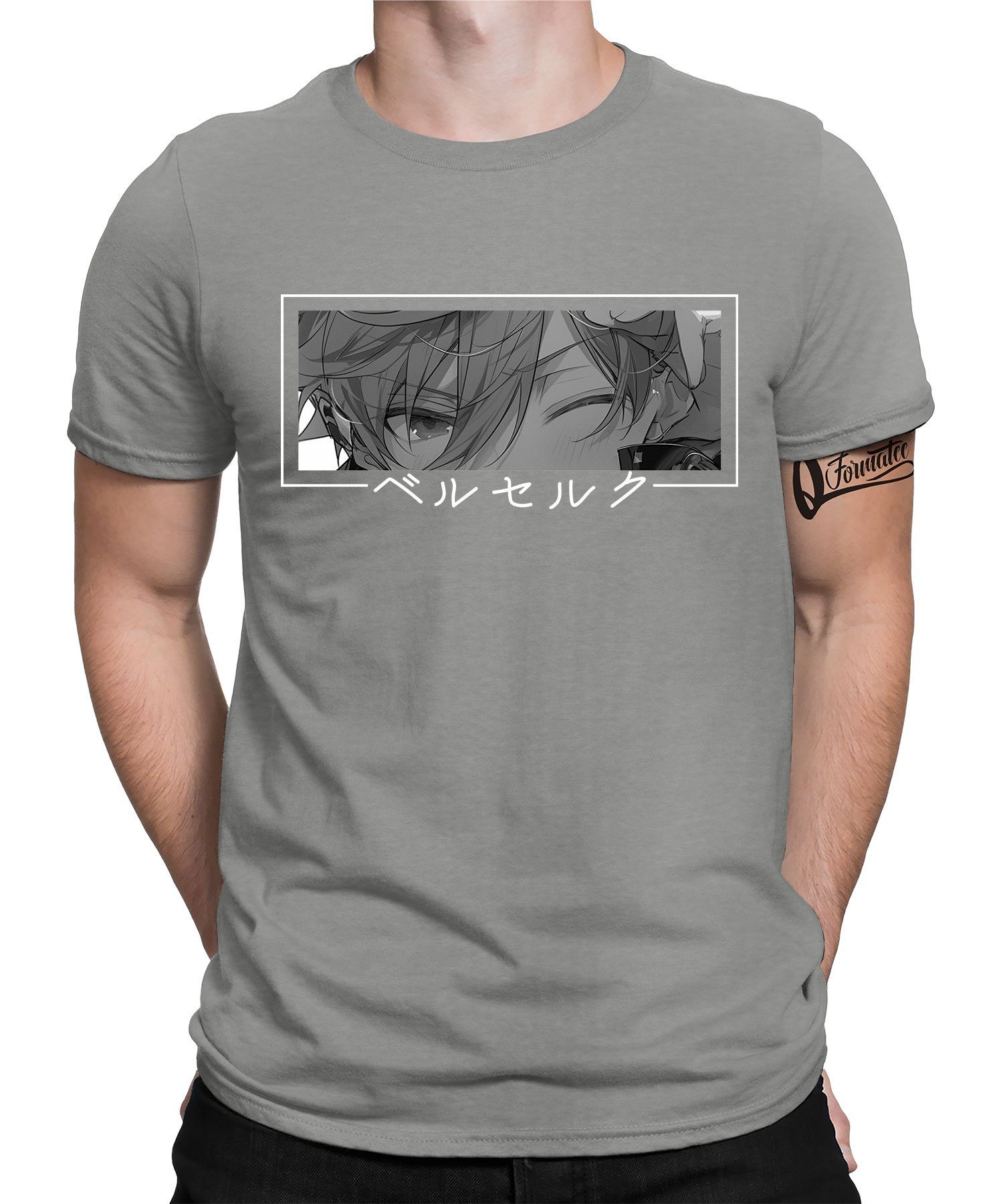 Grau Heather T-Shirt Quattro Augen (1-tlg) Herren Kawaii - Japan Formatee Anime Kurzarmshirt Ästhetik