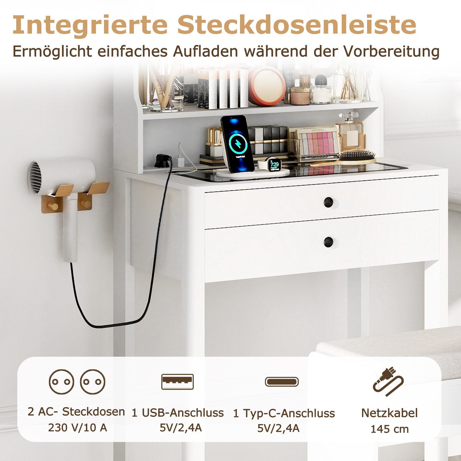 COSTWAY Schminktisch (1-St), Kosmetiktisch, mit Hocker, Steckdosen, LED Spiegel