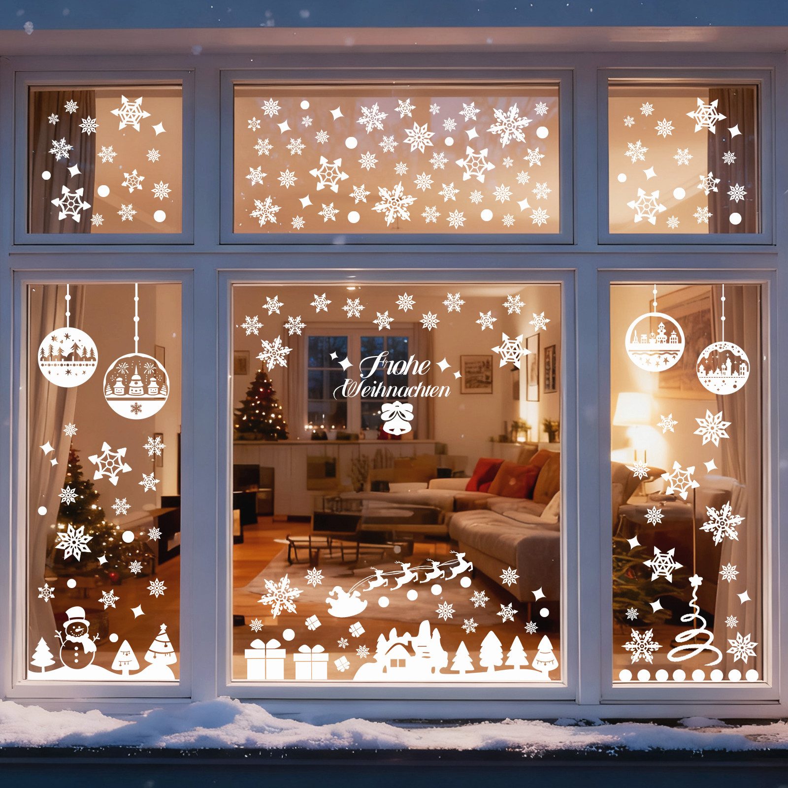 Salcar Наклейка 153er Fensterbilder Weihnachten Selbstklebend Weihnachtsdeko Fenster, Wiederverwendbar, Häusern, Schneemann, Schneeflocken, Christbaumkugeln