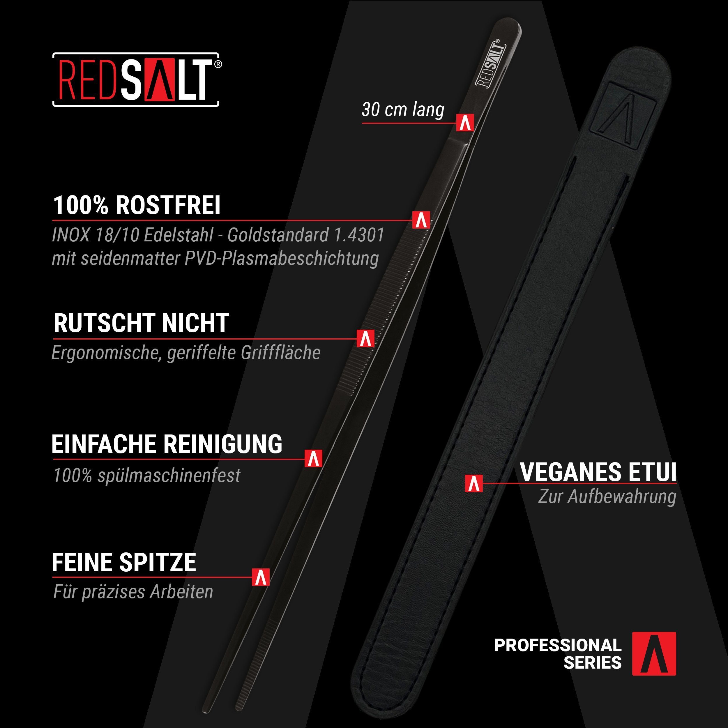 REDSALT® Kochpinzette Fein Black Edition PVD-Plasmabeschichtung, INOX 18/10 Edelstahl Goldstandard 1.4301