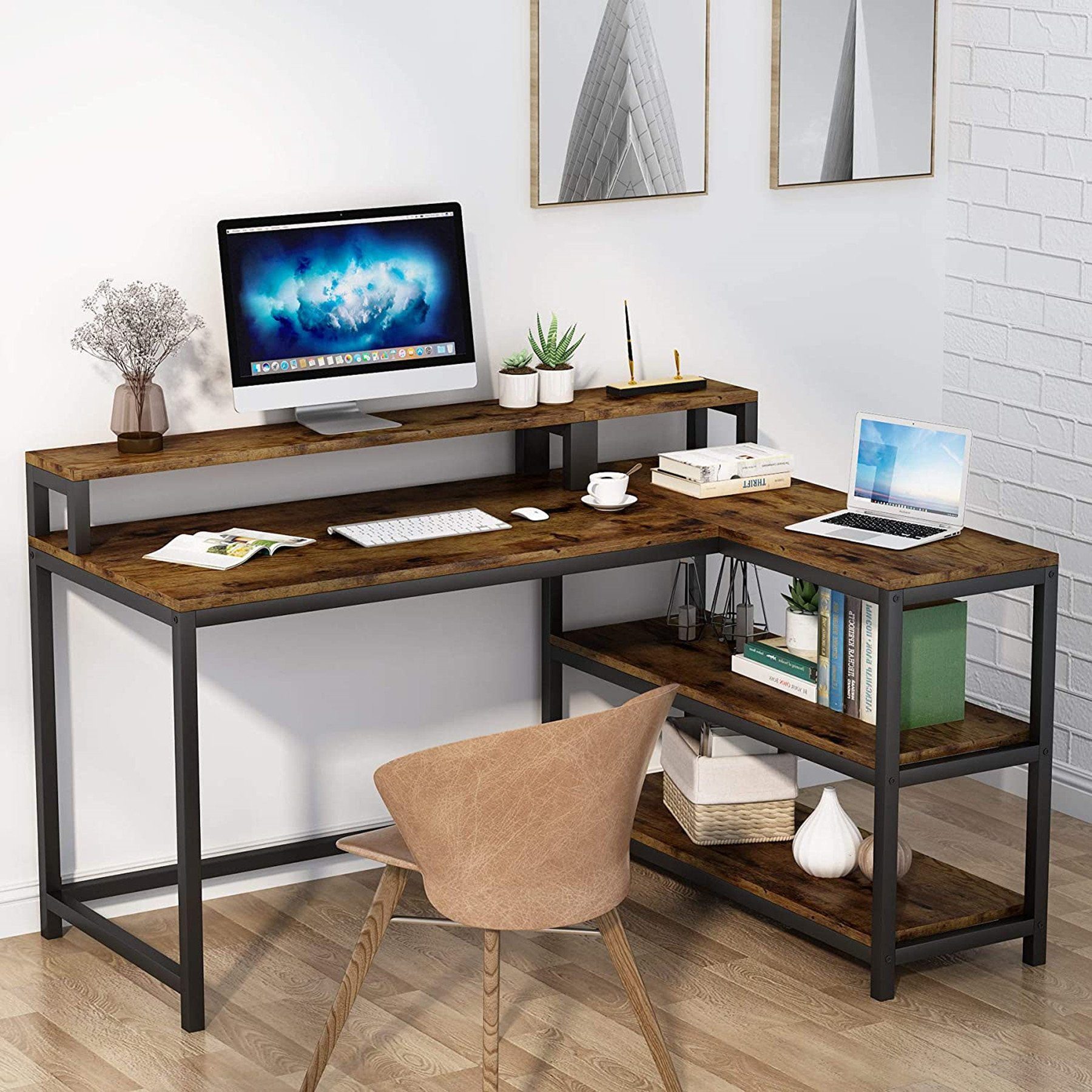 Tribesigns Computertisch Schreibtisch mit Monitorständer, 3 Ablagen, L-förmiger Computertisch