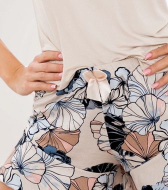 Donna Shorty Schlafanzug kurz T-Shirt unifarben Shorts mit floralem Print (Set, 2 tlg., 1 Stück) super softe Viskosequalität, Made in EU