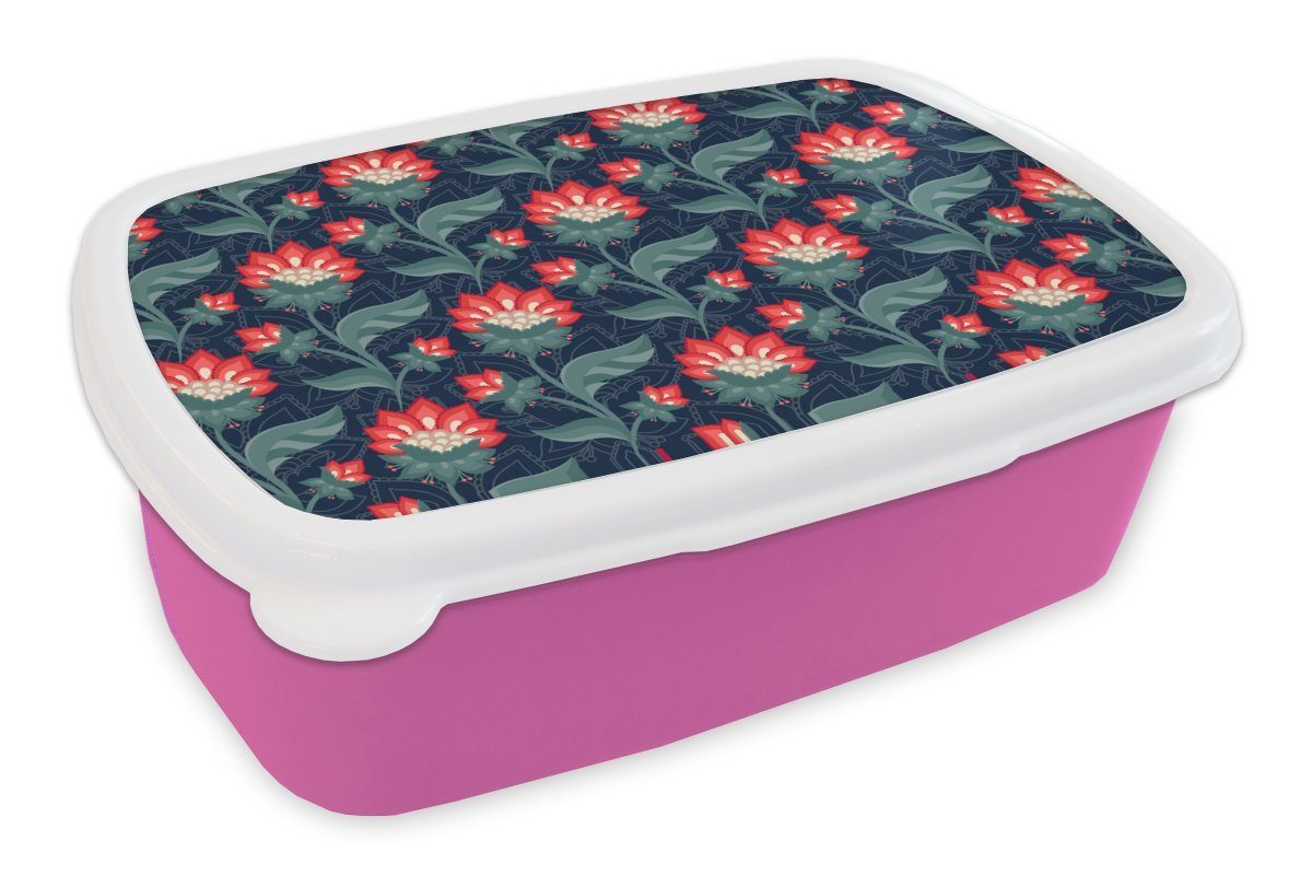 MuchoWow Lunchbox Design - Blumen - Rot, Kunststoff, (2-tlg), Brotbox für Erwachsene, Brotdose Kinder, Snackbox, Mädchen, Kunststoff rosa