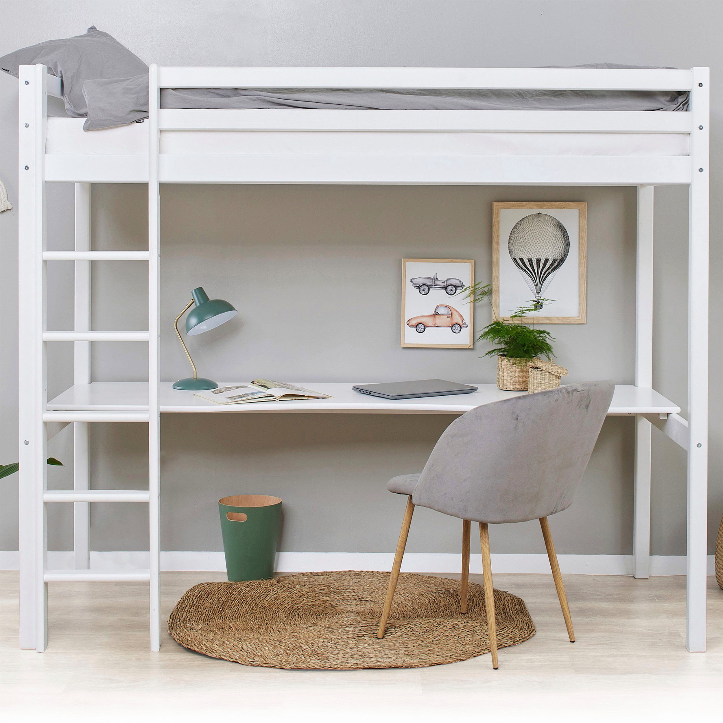 Hoppekids Hochbett Hochbett 90x200cm mit Schreibtisch, umbaubar zu Einzelbett FSC® zert. Massivholz, Hochbett ohne Schreibtisch nutzbar