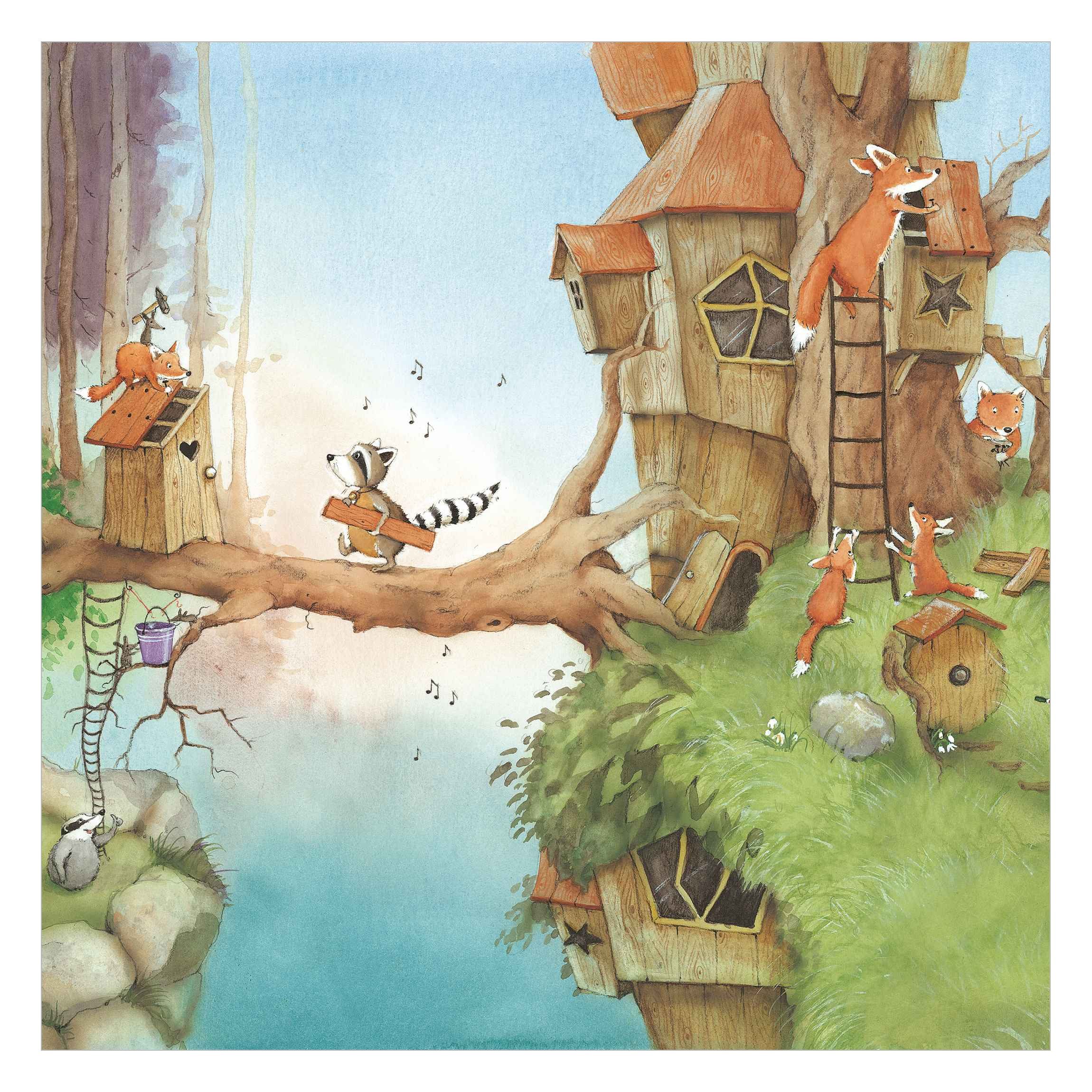 Bilderdepot24 Kindertapete Kinderzimmer Wassili Waschbär Wald Füches Baum K günstig online kaufen