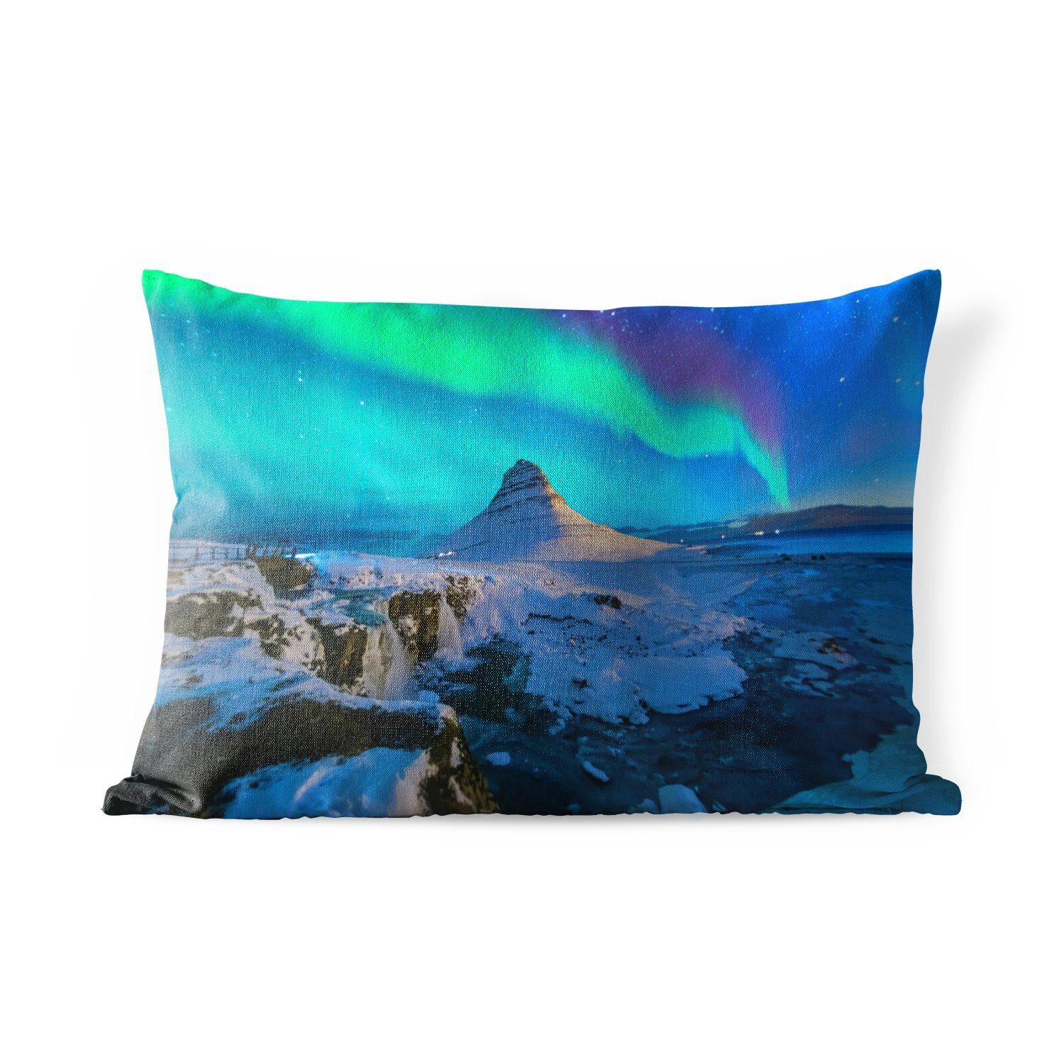 MuchoWow Dekokissen Nordlichter über Kirkjufell, Outdoor-Dekorationskissen, Polyester, Dekokissenbezug, Kissenhülle