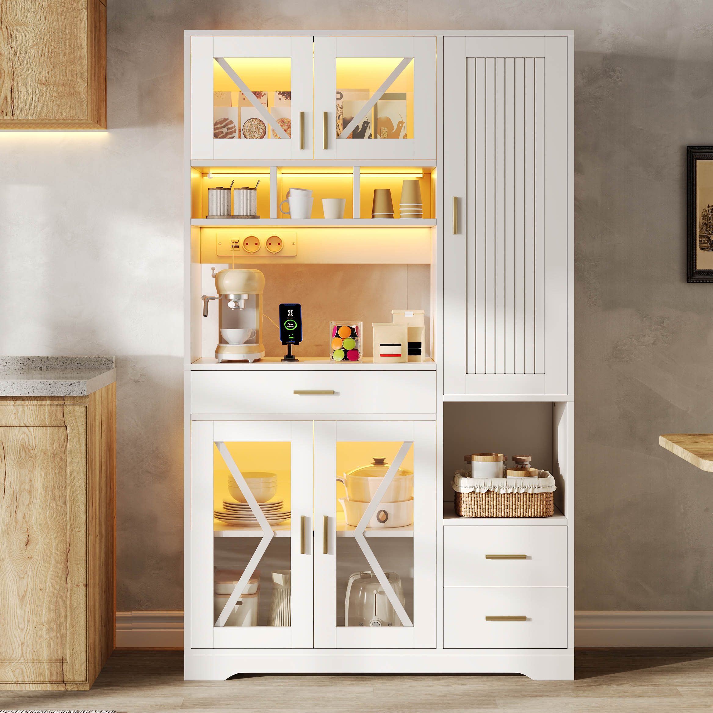 Celya Hochschrank Küchenschrank, hoher Aufbewahrungs- und Vitrinenschrank (mit 3 Schubladen, LED-Beleuchtung und Steckdosen) ideal für Küche, Esszimmer oder Wohnzimmer
