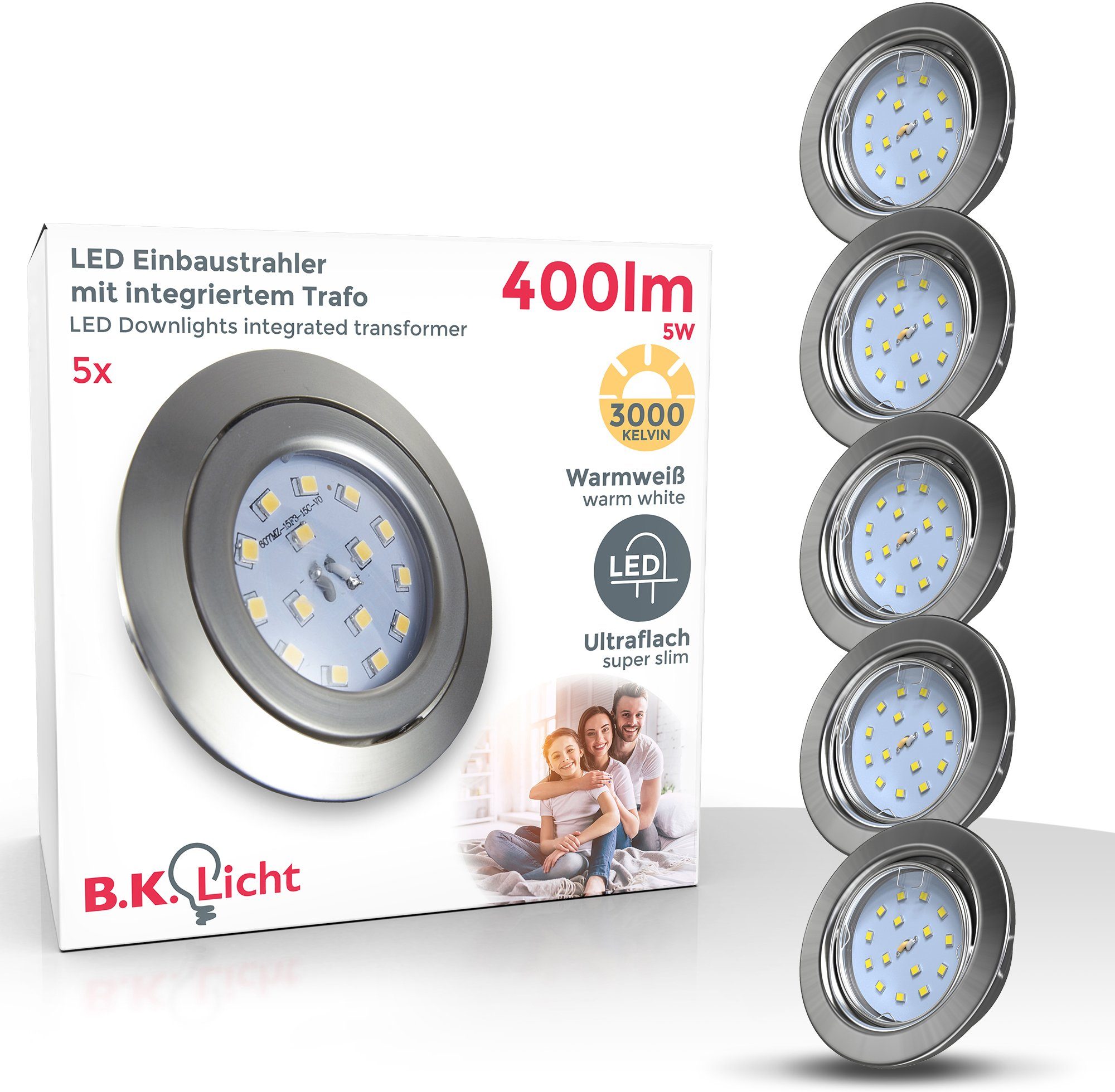 B.K.Licht LED LED flach, 400LM integriert, Einbauleuchte, 5W LED inkl. ultra Einbauspots, 3000K, 5x fest Warmweiß, schwenkbar