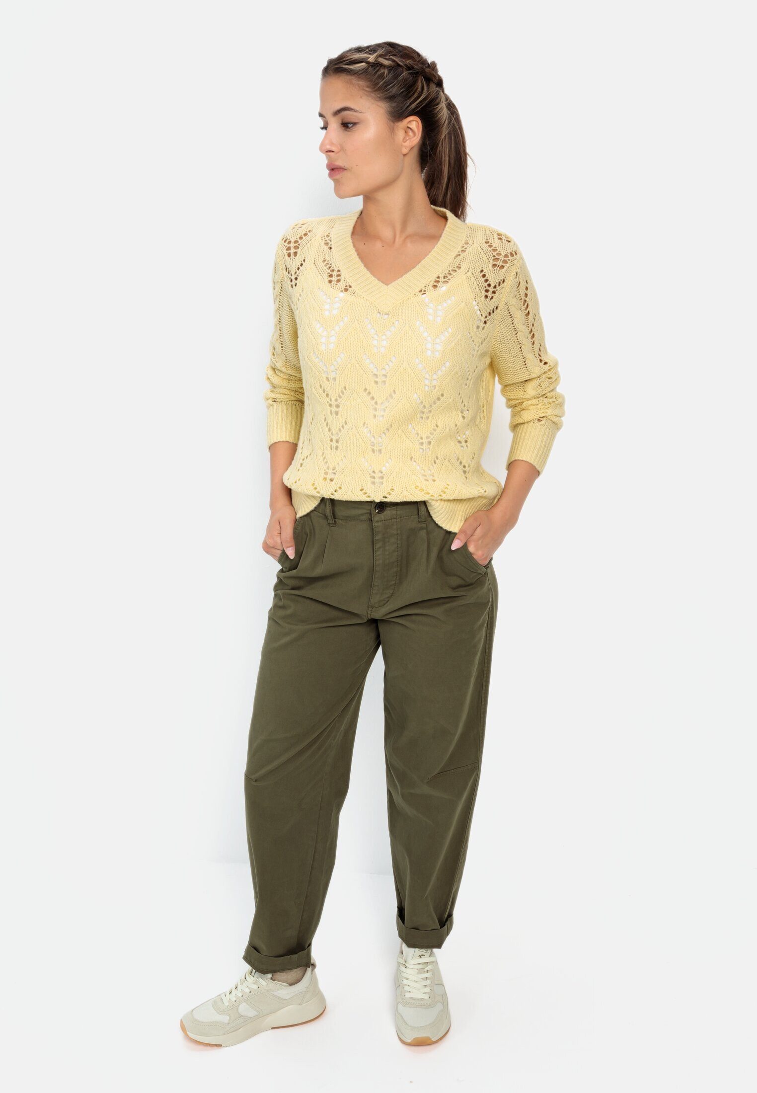 camel active Strickpullover mit V-Ausschnitt Langarm V-Ausschnitt Markenlabel