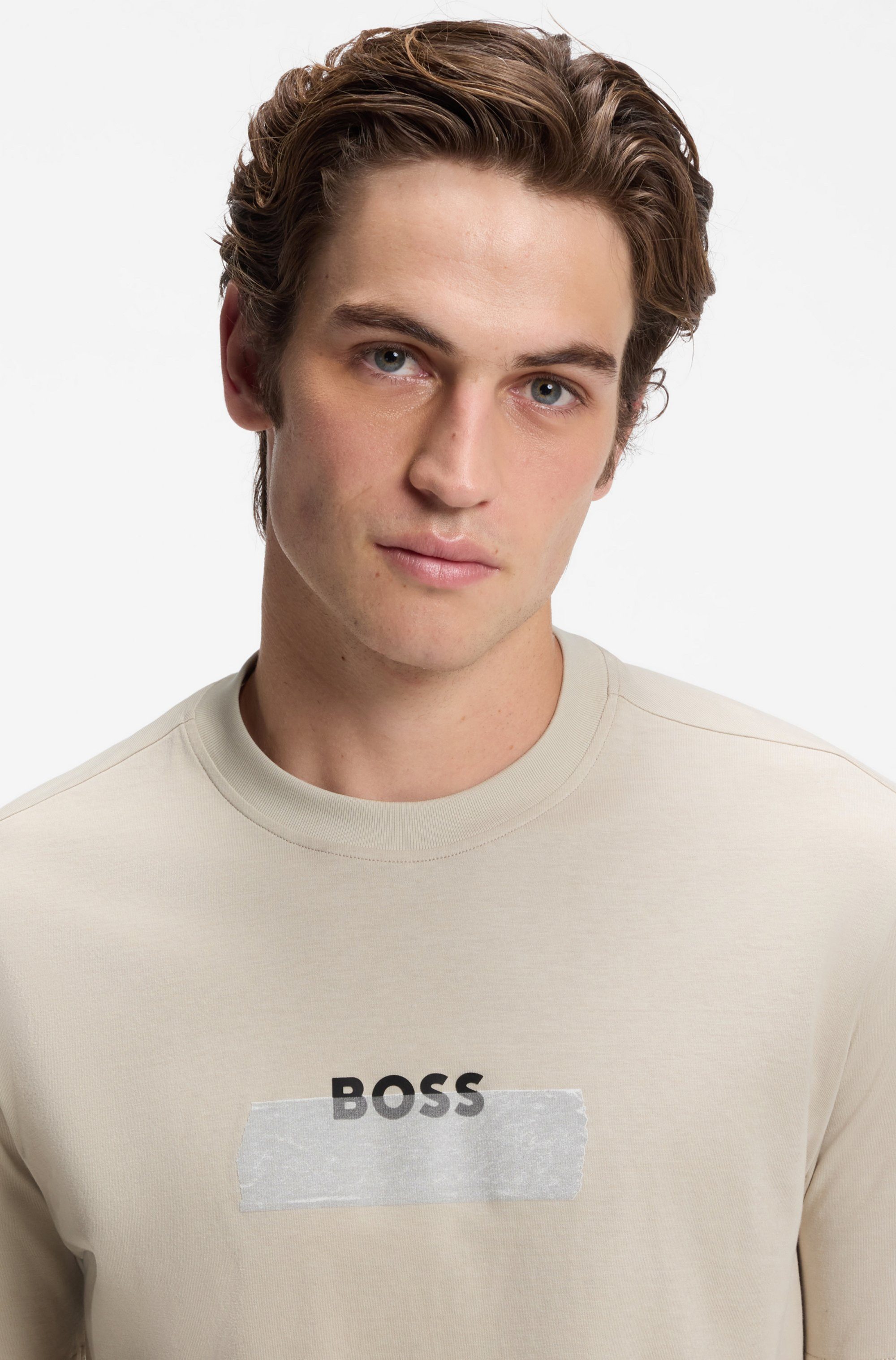 BOSS ORANGE T-Shirt Te LogoTape Regular Fit Rundhalsausschnitt, reine Baumwolle, Logo-Print