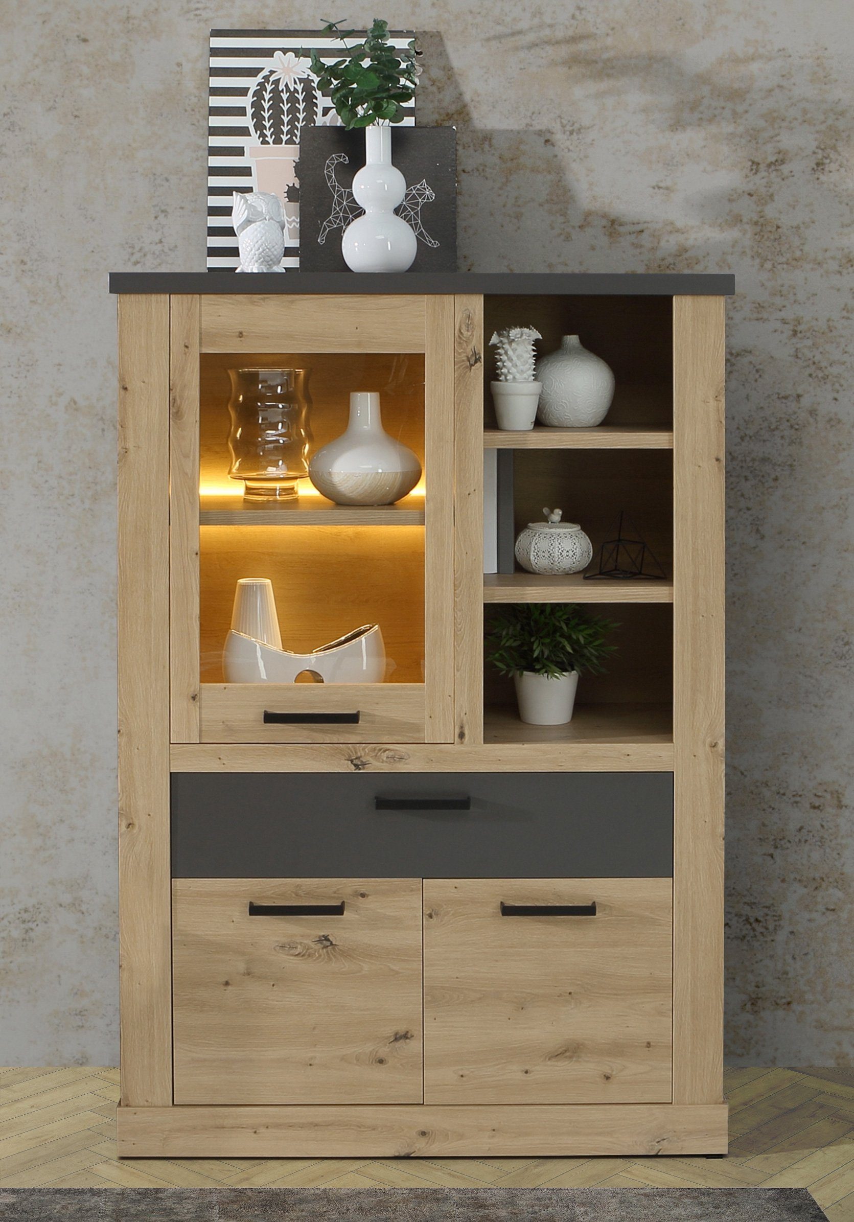 Newroom Vitrine Chloey Vitrine Artisan Eiche und Grau Modern