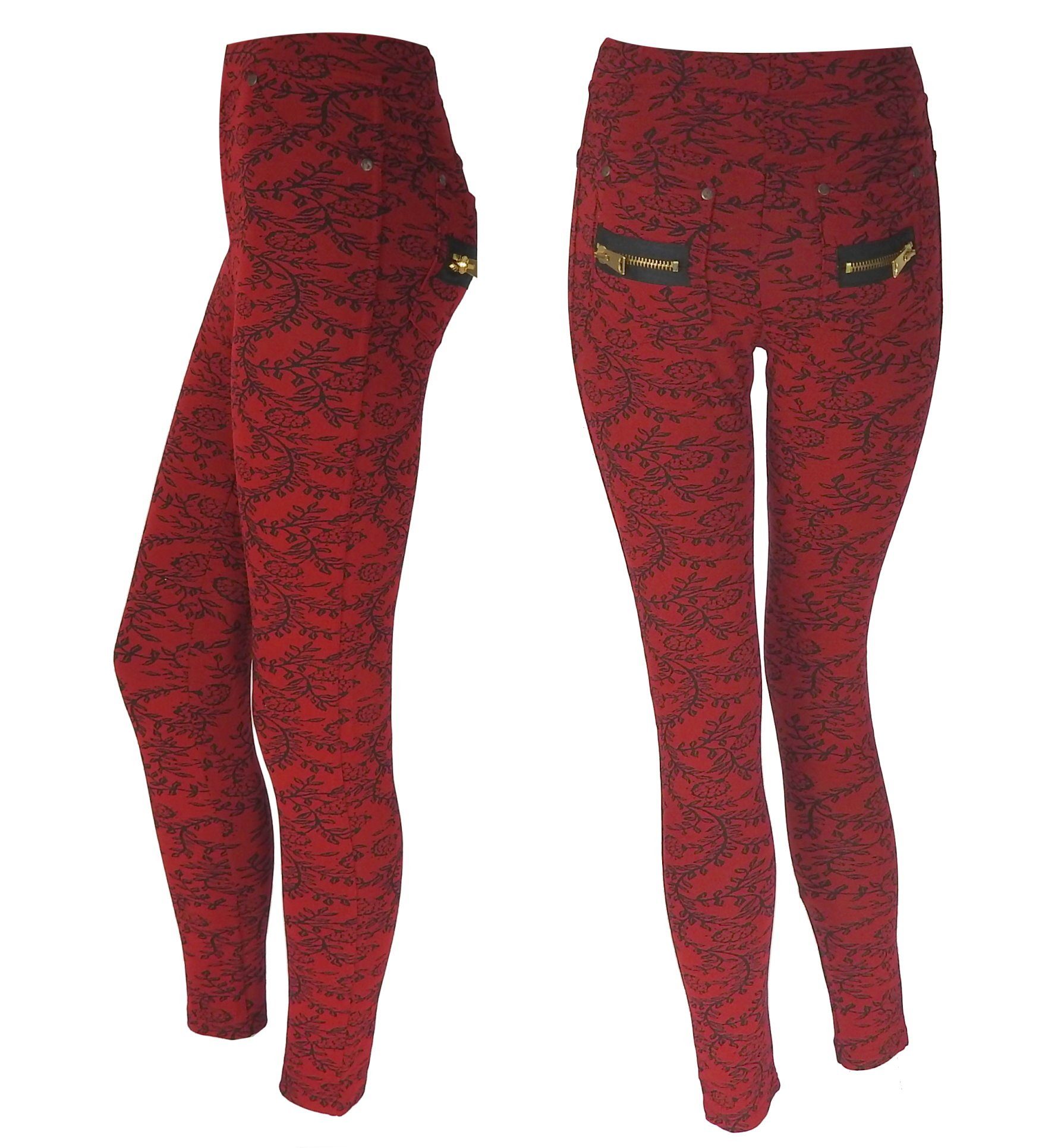 dynamic24 Treggings Damen Stretch Hose Stoffhose High Waist Röhre Skinny Leggings Jeggings schwarz rot