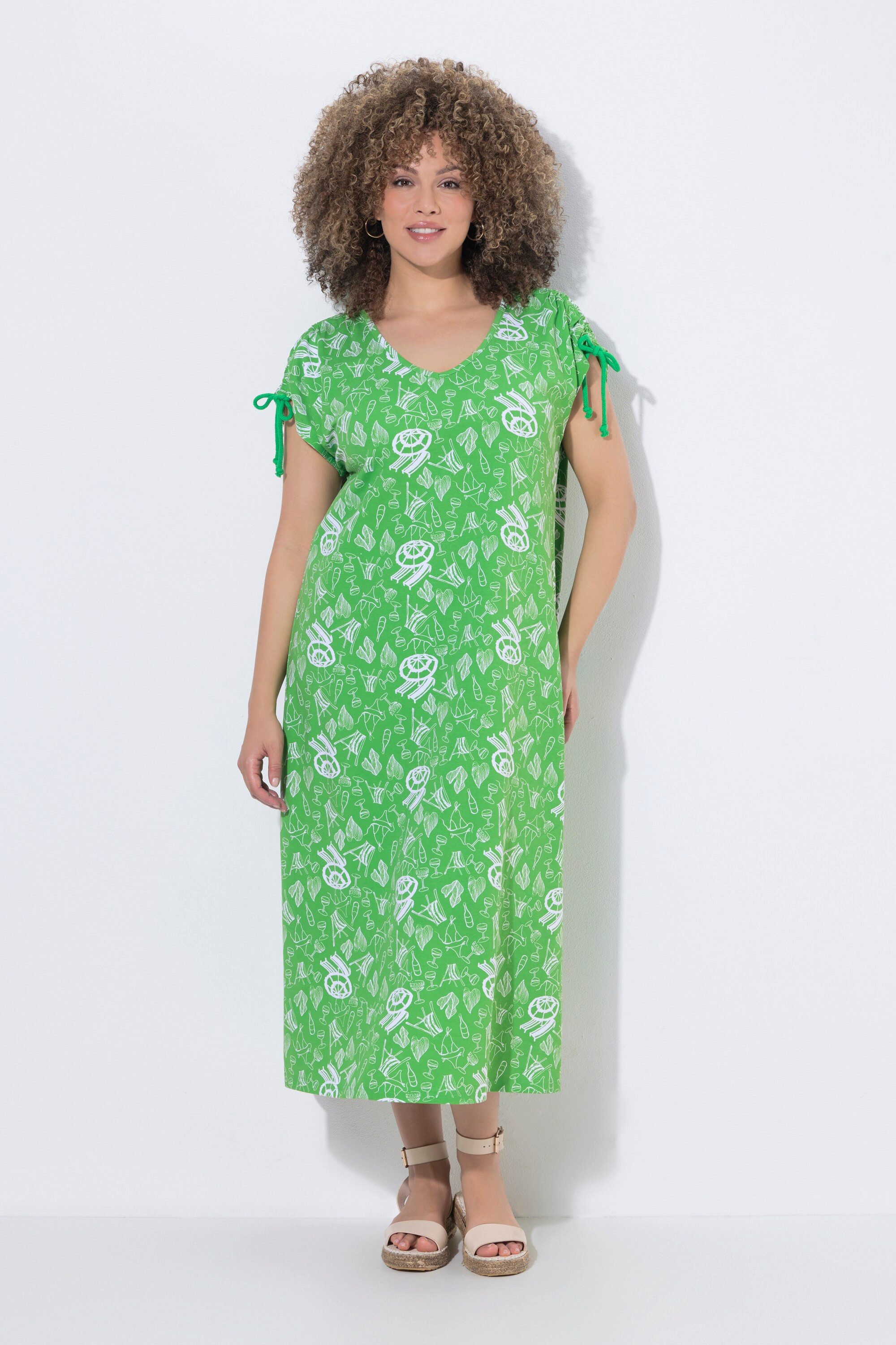 Ulla Popken Jerseykleid Midikleid A-Linie Rundhals Raffband ärmellos