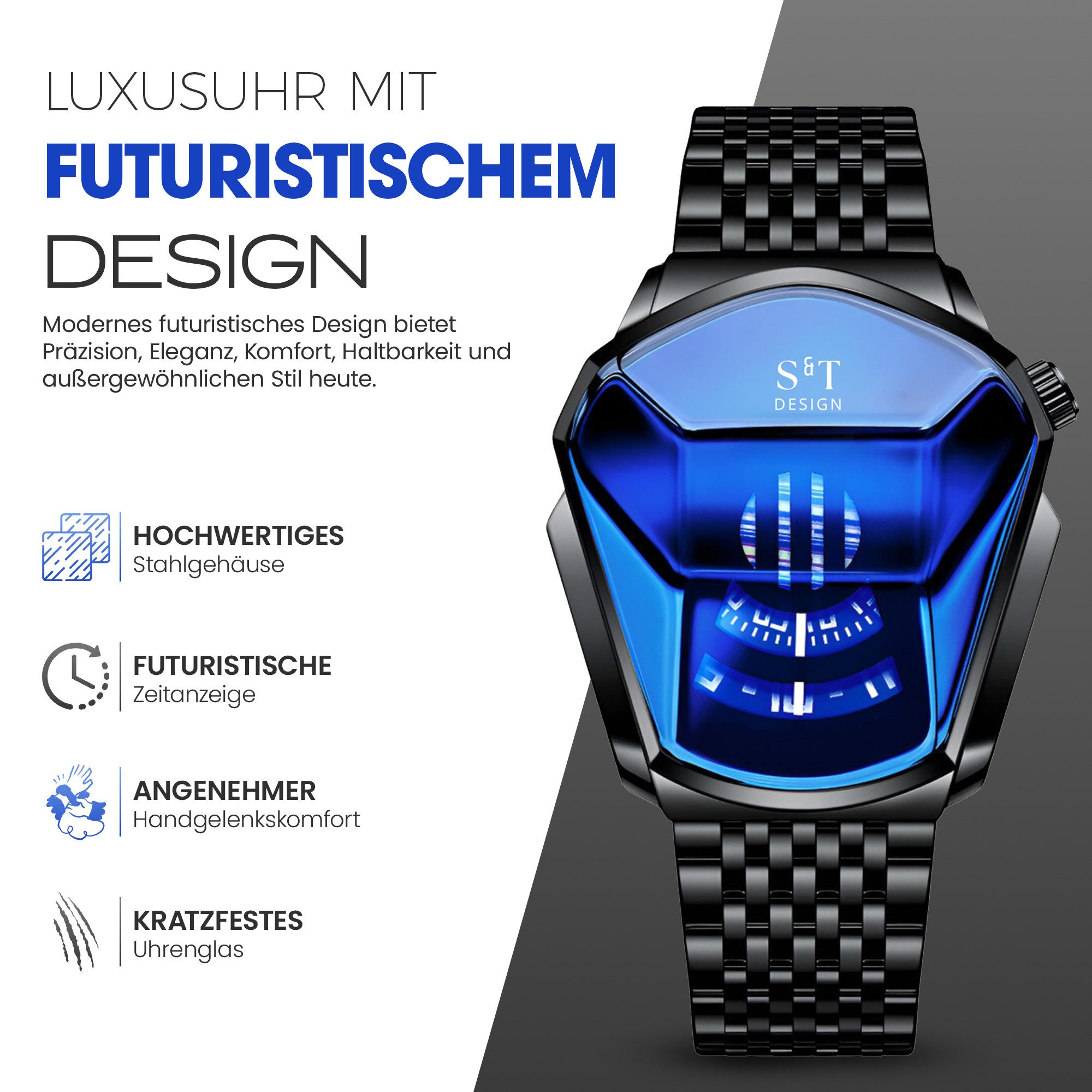 S&T Design Quarzuhr Herren Uhr Edelstahl Armbanduhr Herrenuhr, (Geschenkebox (Etui), inkl. Armbandkürzer & Etui), Männer Uhr 3Bar Wasserdicht Analog Geschenk
