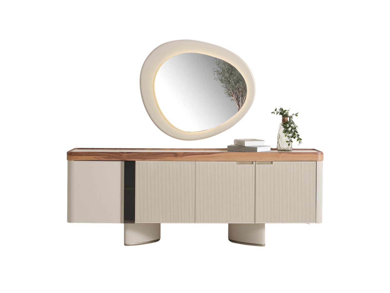 Villa Möbel Sideboard (Sideboard, 1 St., 210,8 × 46 × 79 cm), Sideboard mit viel Stauraum und ruhiger Beige Walnuss Optik