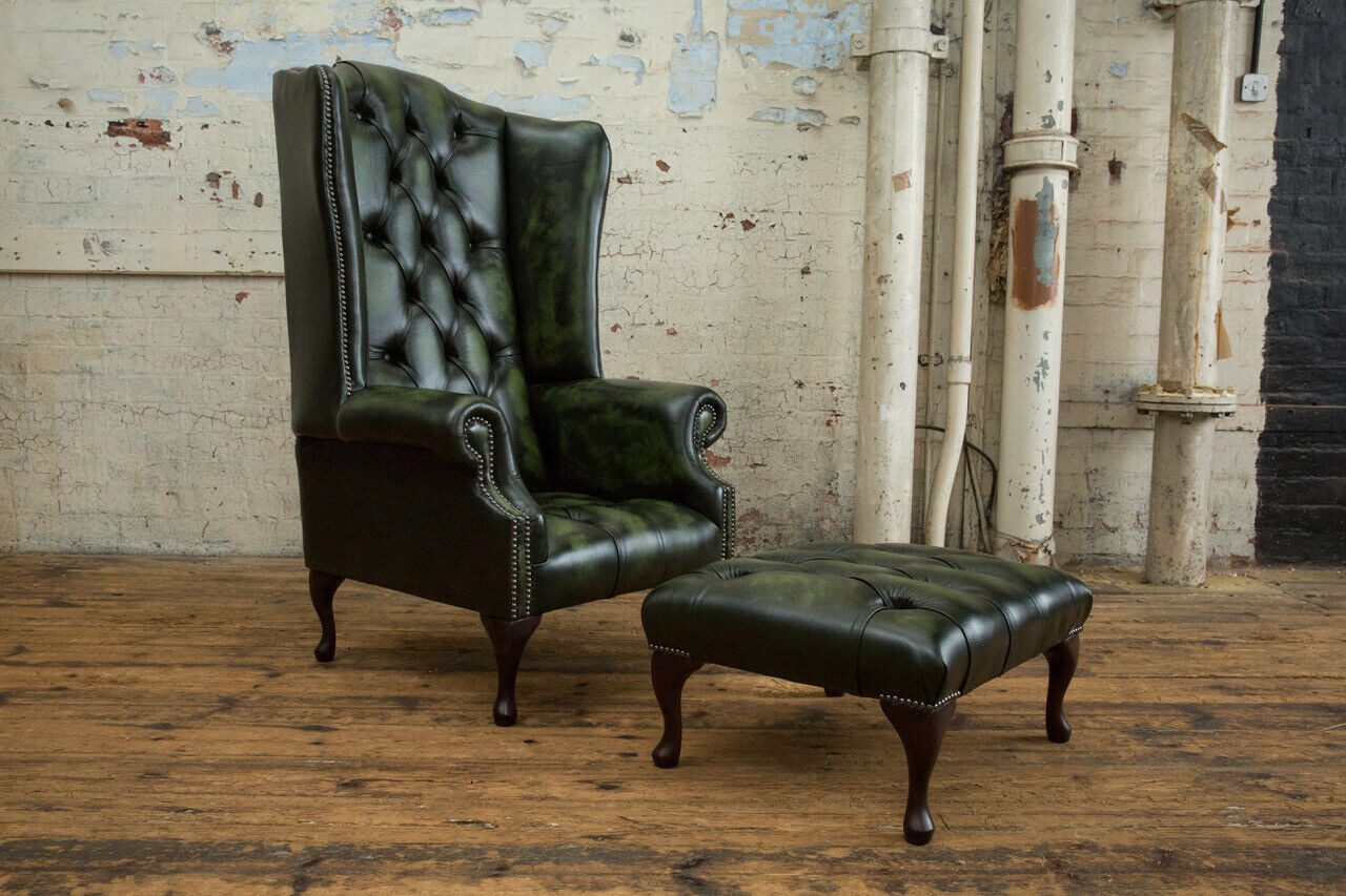 JVmoebel Ohrensessel Leder Lounge Sessel Club in Dunkelgrün mit Nieten und Knopfheftung (Packung, 2-St., Graues Leder Sofa mit Sessel und Einzelcouch), Made in Europa
