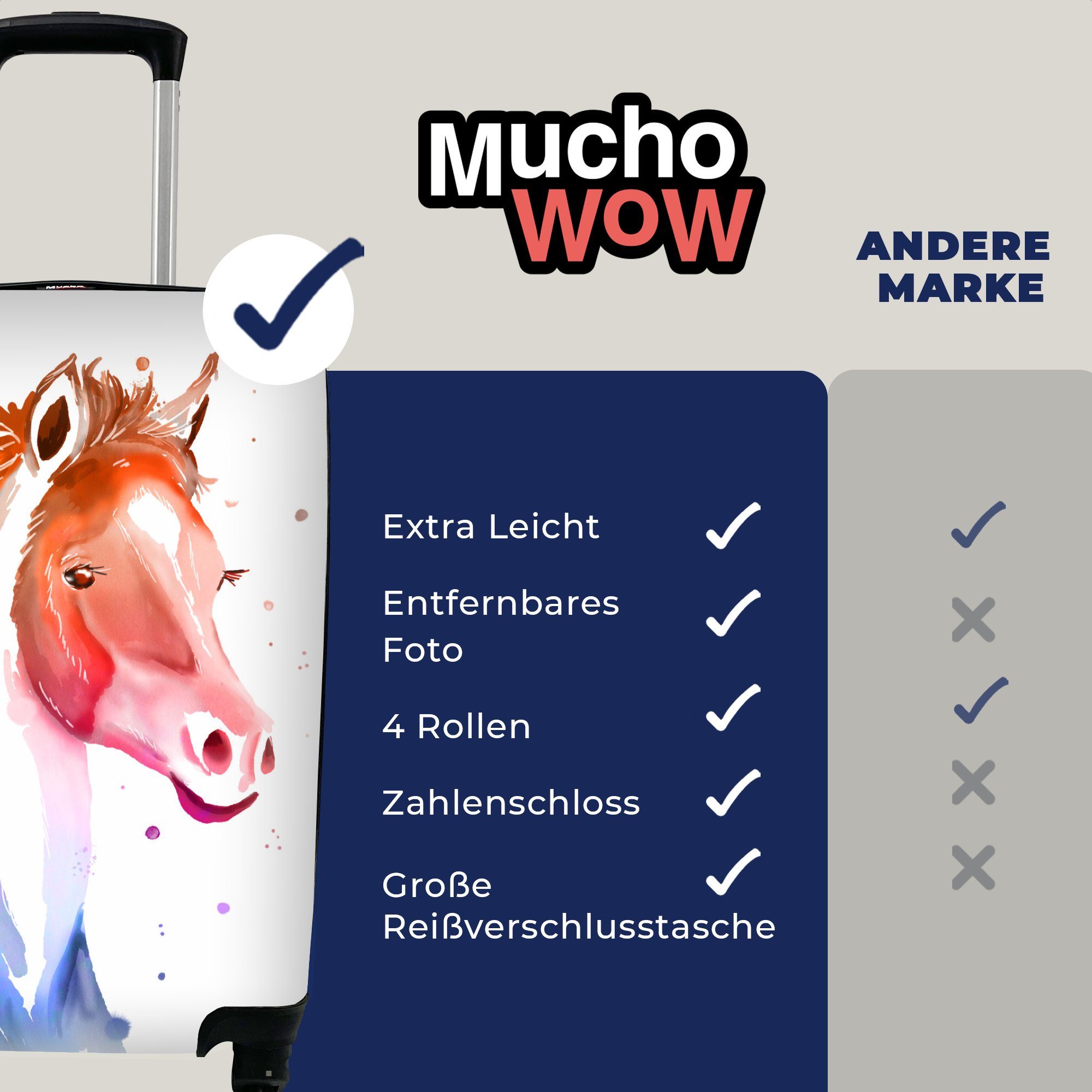 Rosa Mädchen - Trolley, Rollen, - - für Reisetasche - mit - Pferd Mädchen, Kinder rollen, Reisekoffer Handgepäckkoffer 4 Ferien, Handgepäck MuchoWow Rot