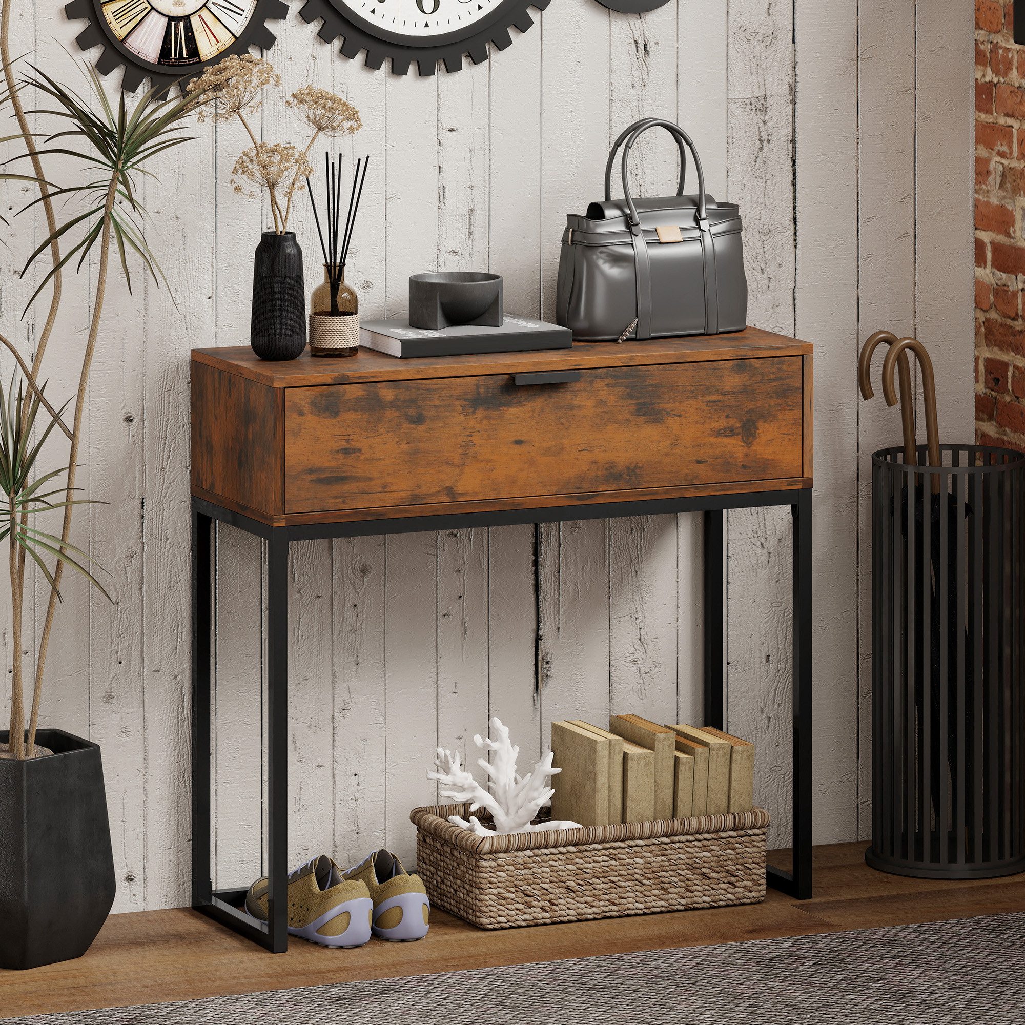 HOMCOM Konsolentisch Flurtisch mit Schrank, Beistelltisch im Modern-Design (Beistelltisch, 1-St., Flurtisch), für Flur, Wohnzimmer, 80 x 30 x 76 cm, Rustikal-Braun