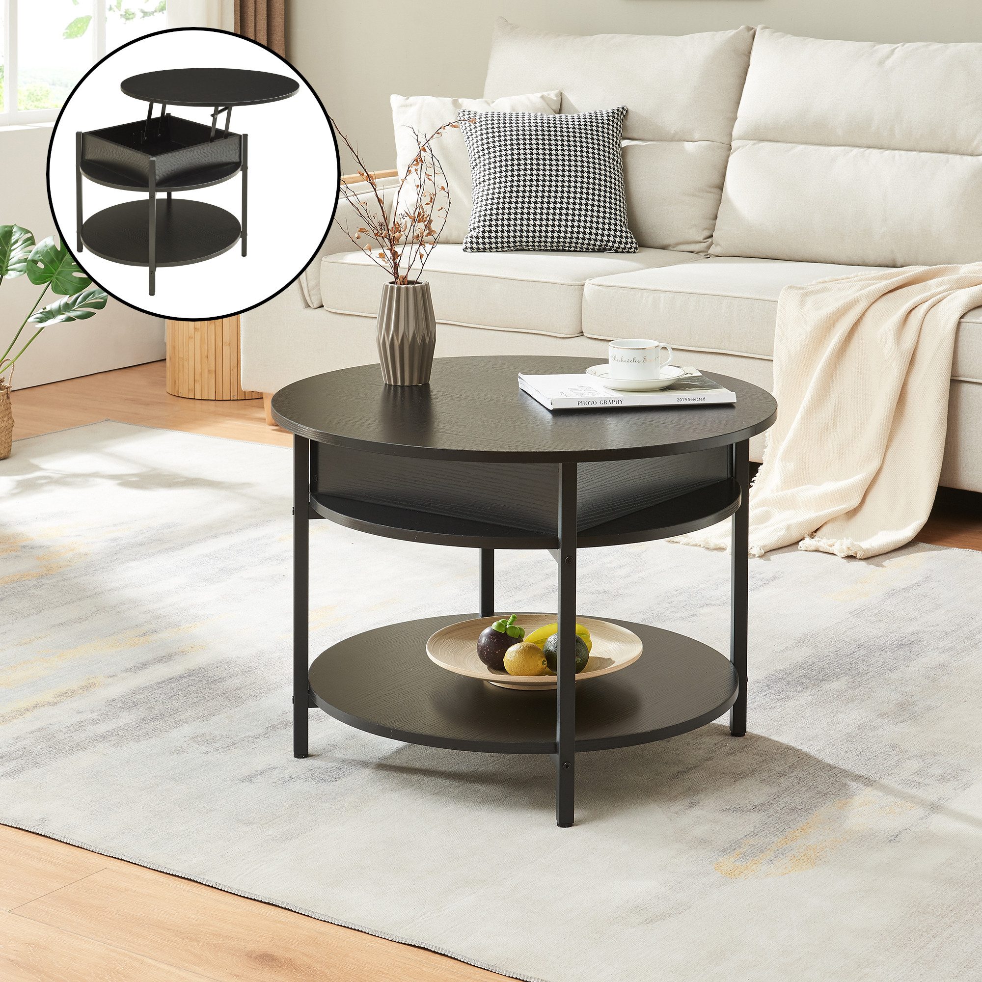 en.casa Couchtisch, »Kandas« mit Hebeplatte rund 70 x 49 cm Schwarz günstig online kaufen