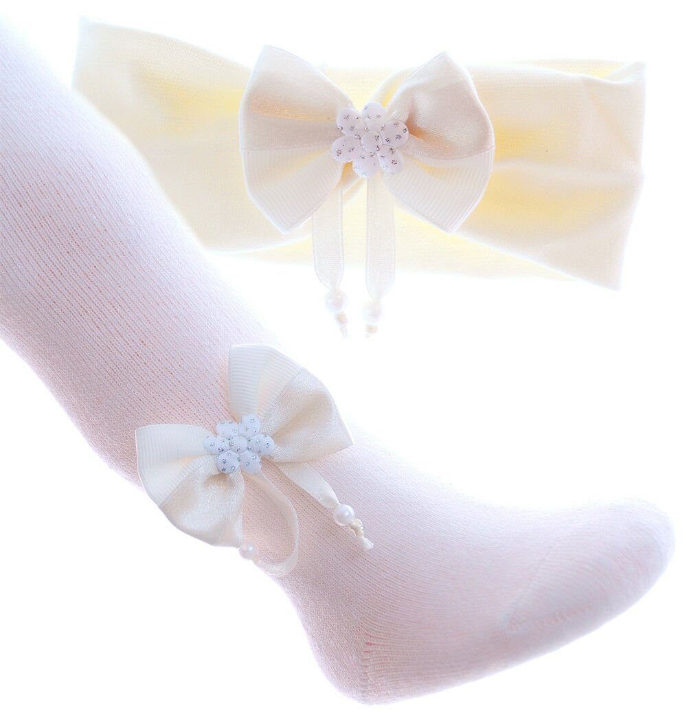 La Bortini Strumpfhose Strumpfhose und Stirnband Set für Baby und Kinder in Creme ecry, elastisch, 44 50 56 62 68 74 80 86 92 98