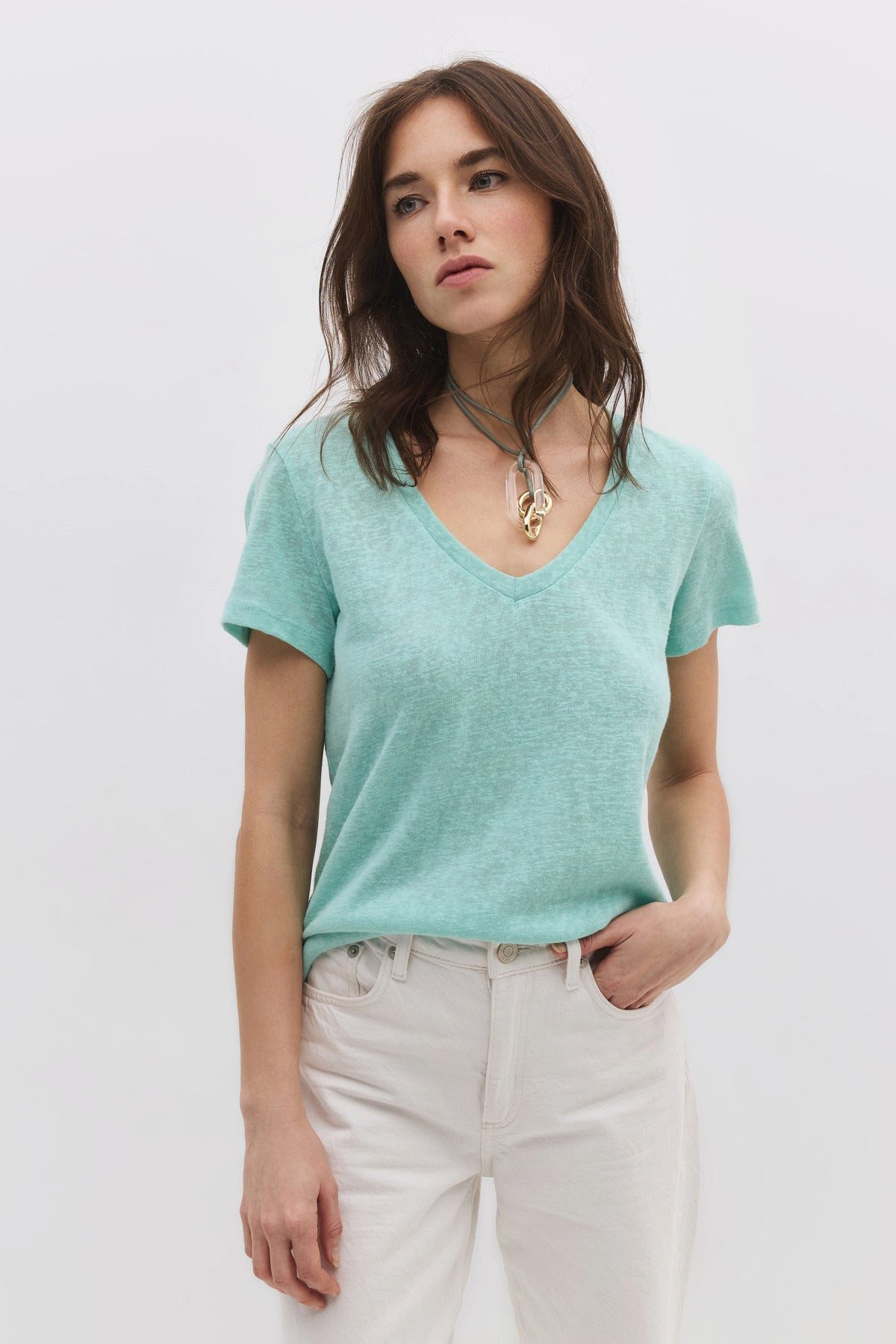 No Matter What T-Shirt Leinen-Basic-T-Shirt mit V-Ausschnitt günstig online kaufen