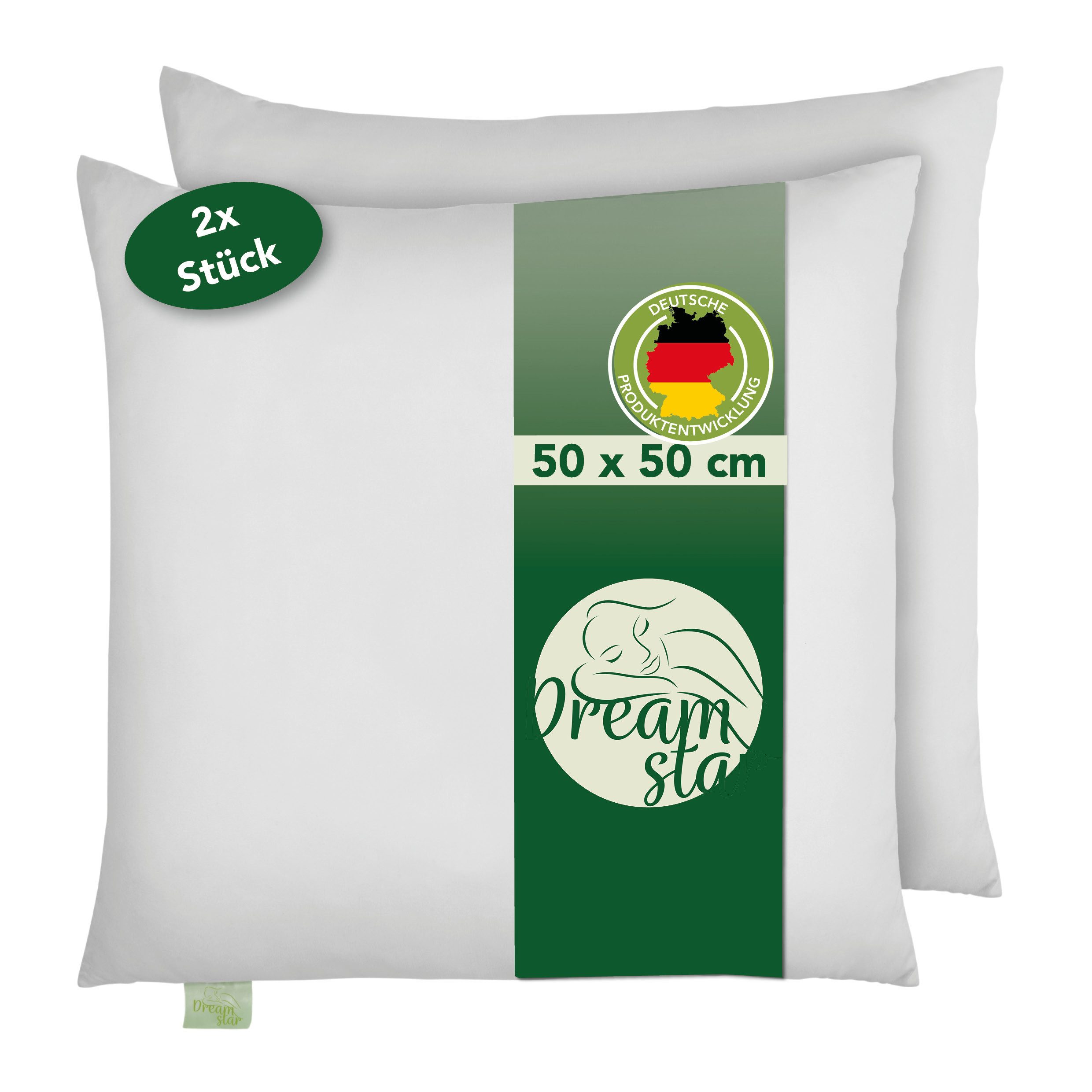 Dreamstar Microfaserkissen Eco, Kopfkissen in verschiedenen Größen - entwickelt in Deutschland, Füllung: Faserfüllung, Bezug: angenehm weiche Microfaser, Seitenschläfer, Rückenschläfer, Bauchschläfer, Set, 2-tlg., waschbar & allergikergeeignet, Kissen 50x50 cm