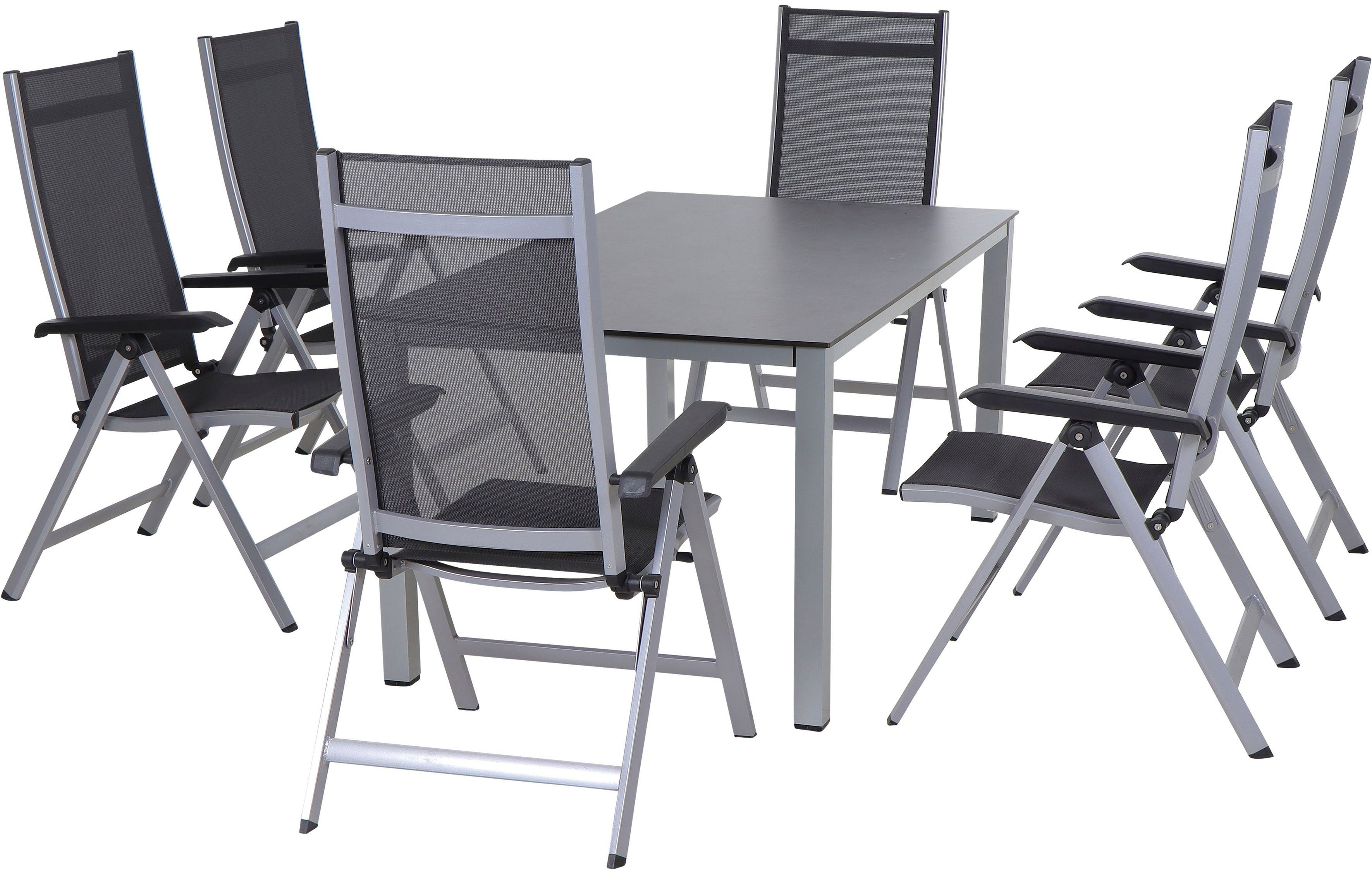 Tesoro und / Siena 7-tlg), pulverbeschichtet Sesseln Aluminium in (Set, bestehend 6 silber Tischgestell Garten-Essgruppe Sessel/Stuhl aus Garden Tisch, und aus 1 Sola,