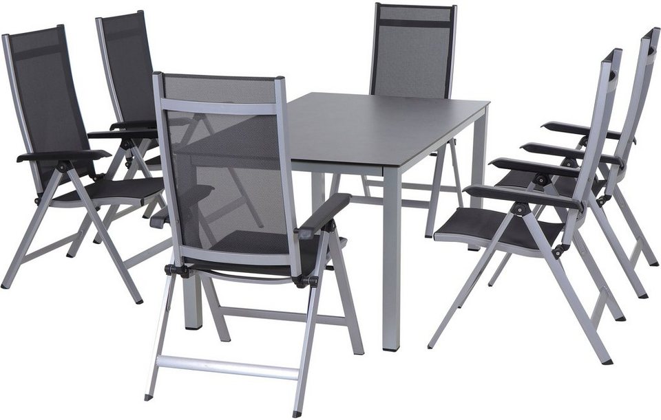 Siena Garden Garten-Essgruppe Tesoro / Sola, (Set, 7-tlg), bestehend aus 6  Sesseln und 1 Tisch, Sessel/Stuhl und Tischgestell aus Aluminium  pulverbeschichtet in silber | Sessel