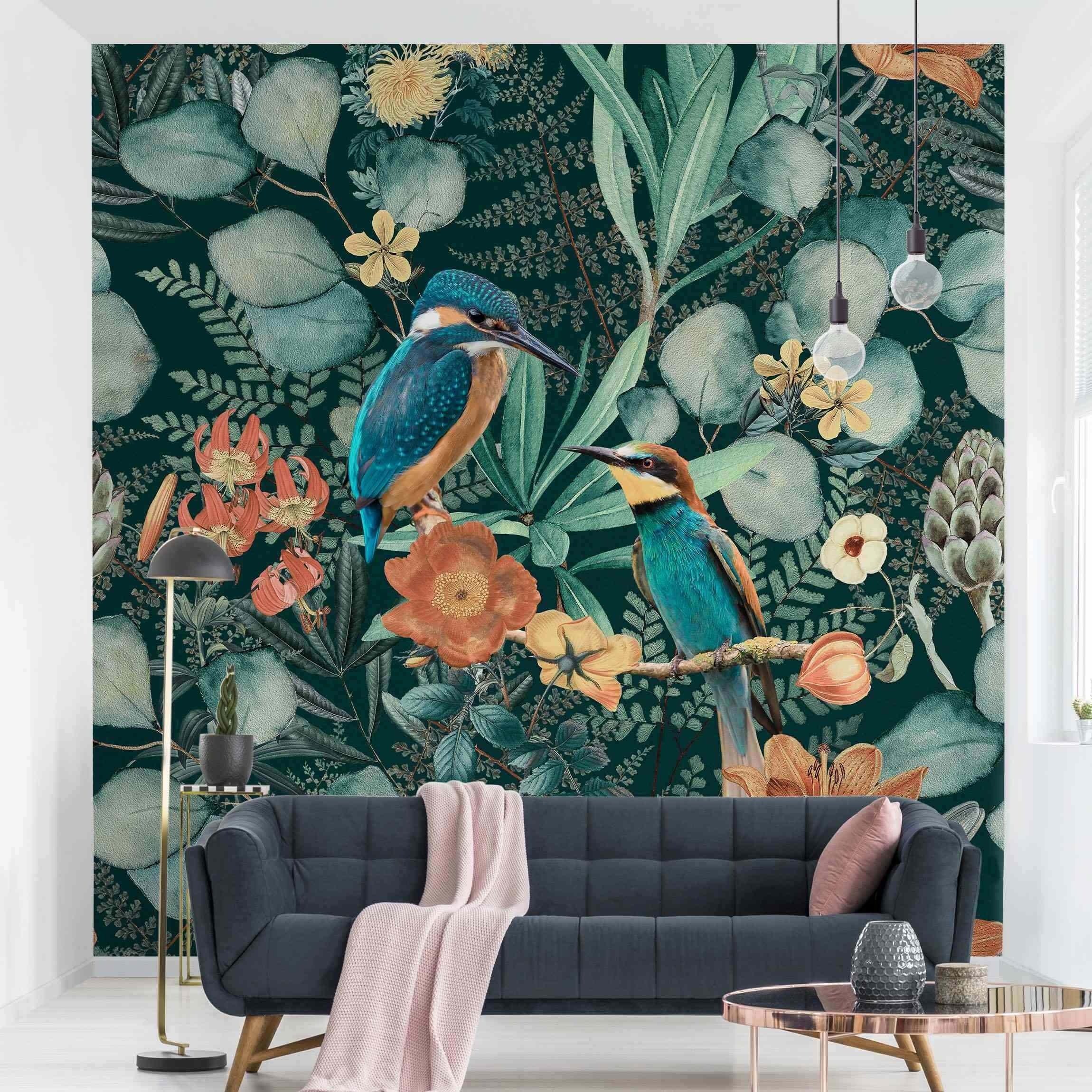 Bilderdepot24 Vliestapete Vintage Blumenparadies Eisvogel Kolibri günstig online kaufen