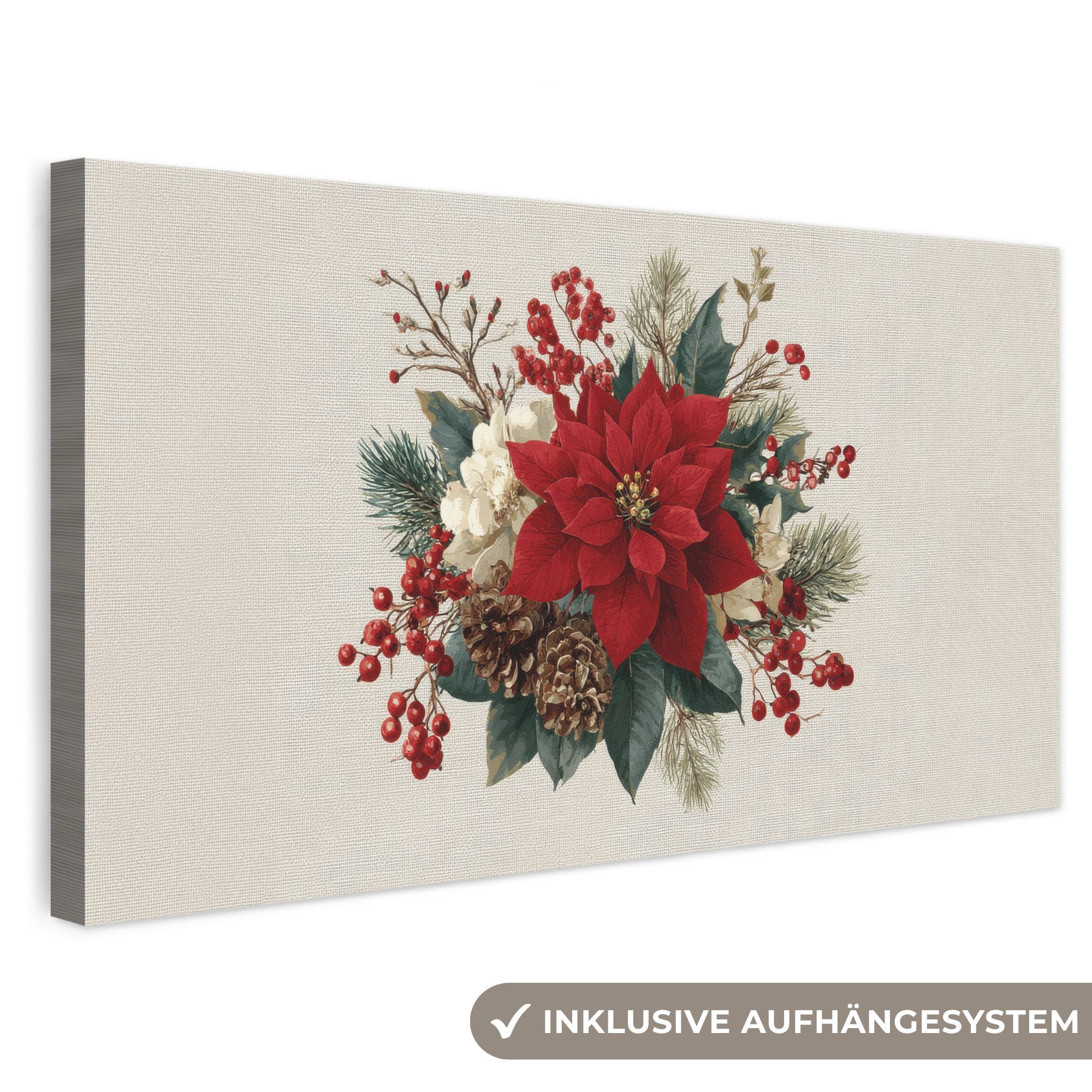 OneMillionCanvasses® Leinwandbild Panorama Weihnachtsgesteck - Weihnachtsstern - Tannenzapfen - Rot, Fotodruck (1 St), Wandbild, Deko Schlafzimmer Wohnzimmer Flur 40x20 cm
