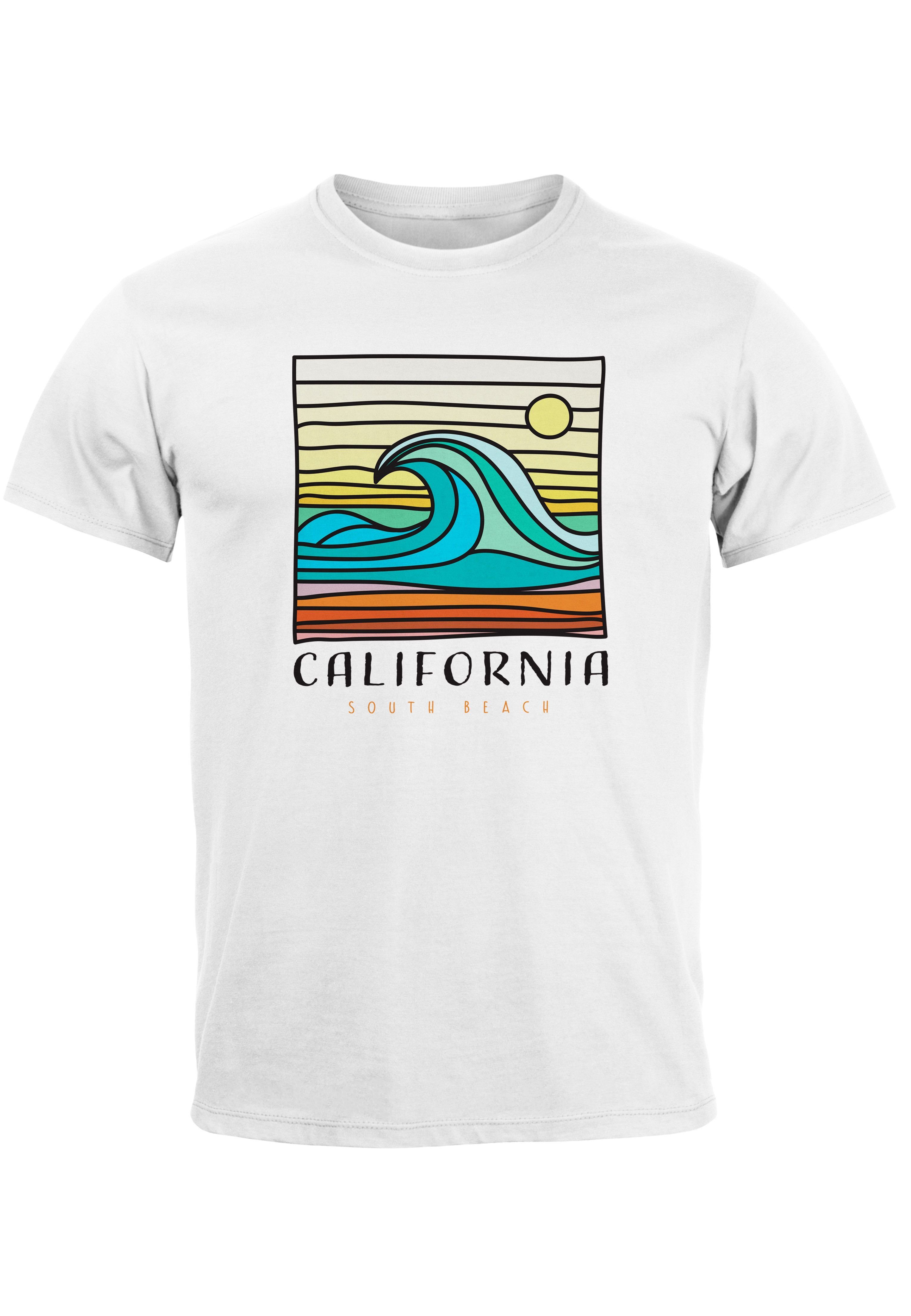 Neverless Print-Shirt Herren T-Shirt California South Beach Welle Wave Surfing Print Aufdruc mit Print weiß