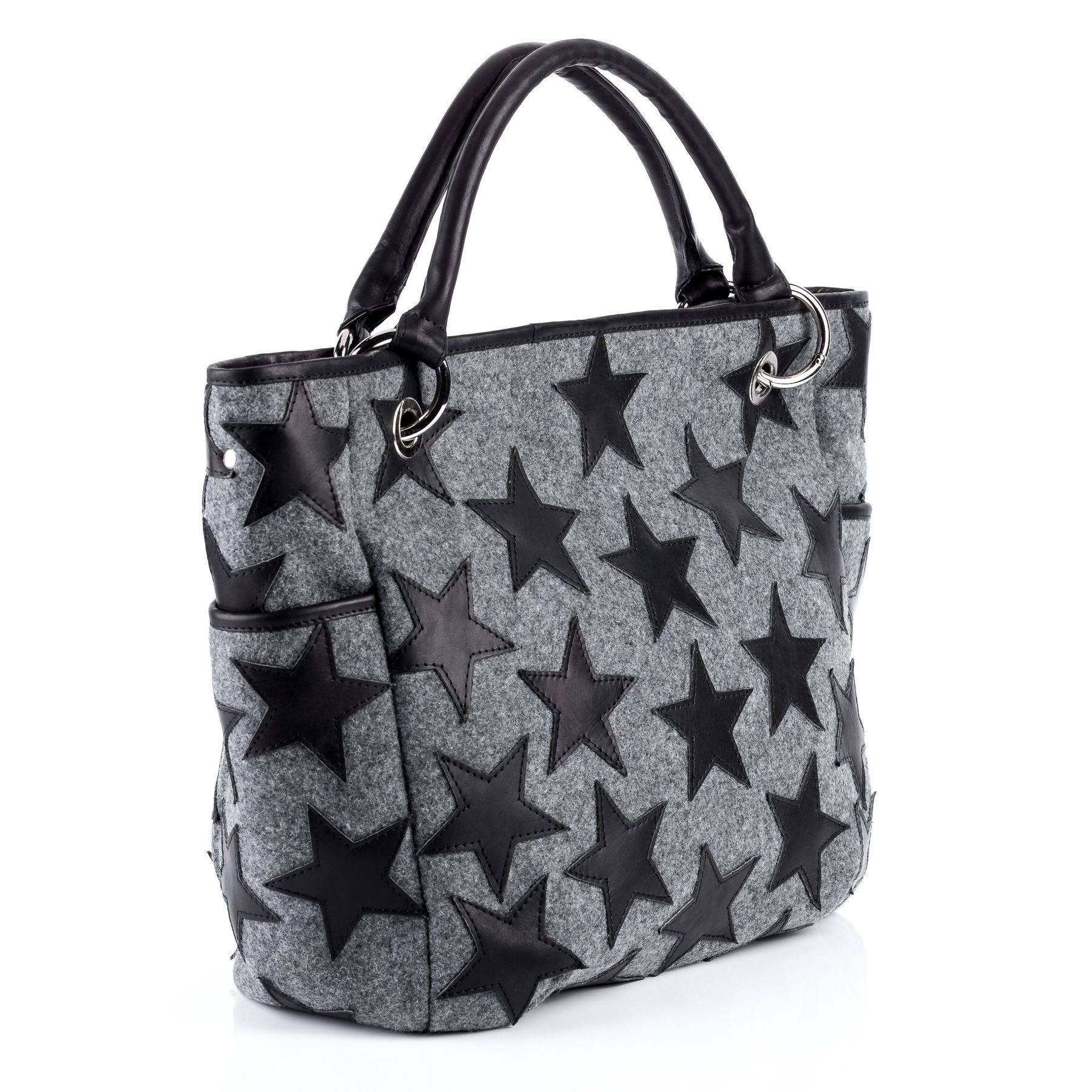 FEYNSINN Umhängetasche echt Leder Handtasche Schultertasche groß STARS, Schultertasche Filz Echtleder für Damen, Shopper schwarz-grau