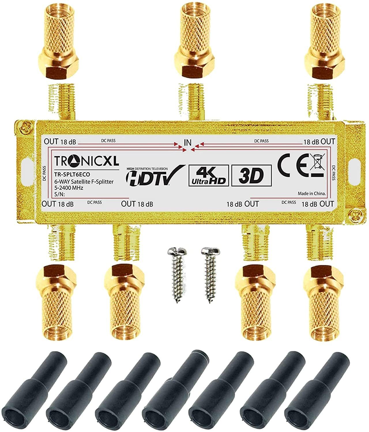 TronicXL SAT-Verteiler 6fach Sat Verteiler + F-Stecker + Wetterschutz TV Kabel Verteiler, HD, 3D, 4K