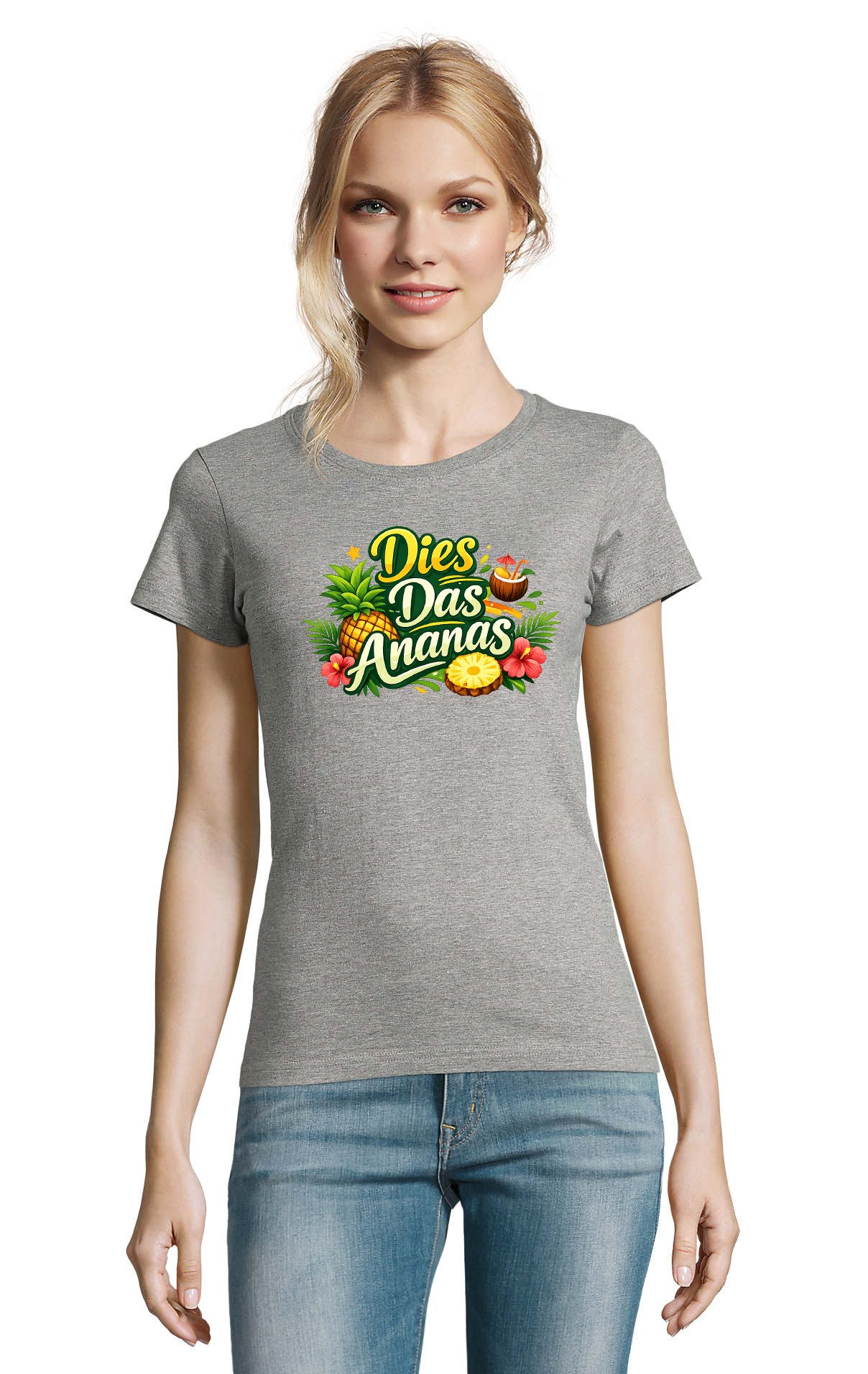 Blondie & Brownie T-Shirt Dies Das Ananas Damen Tee Print Rundhals Baumwolle Motiv Humor (Einzelstück, Einzelartikel) Dies Das Ananas Damen Motivshirt