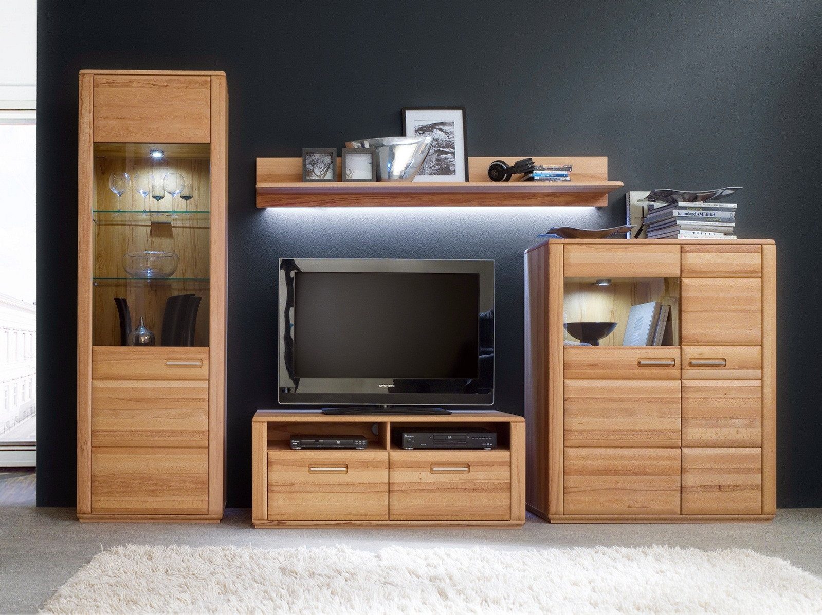 Empinio24 Wohnwand Sanremo, (Spar-Set, 4-St., bestehend aus: Vitrine, Lowboard, Wandboard, Highboard), 4-teilig ca. 319 cm breit, Kombi Nr.1, Kernbuche