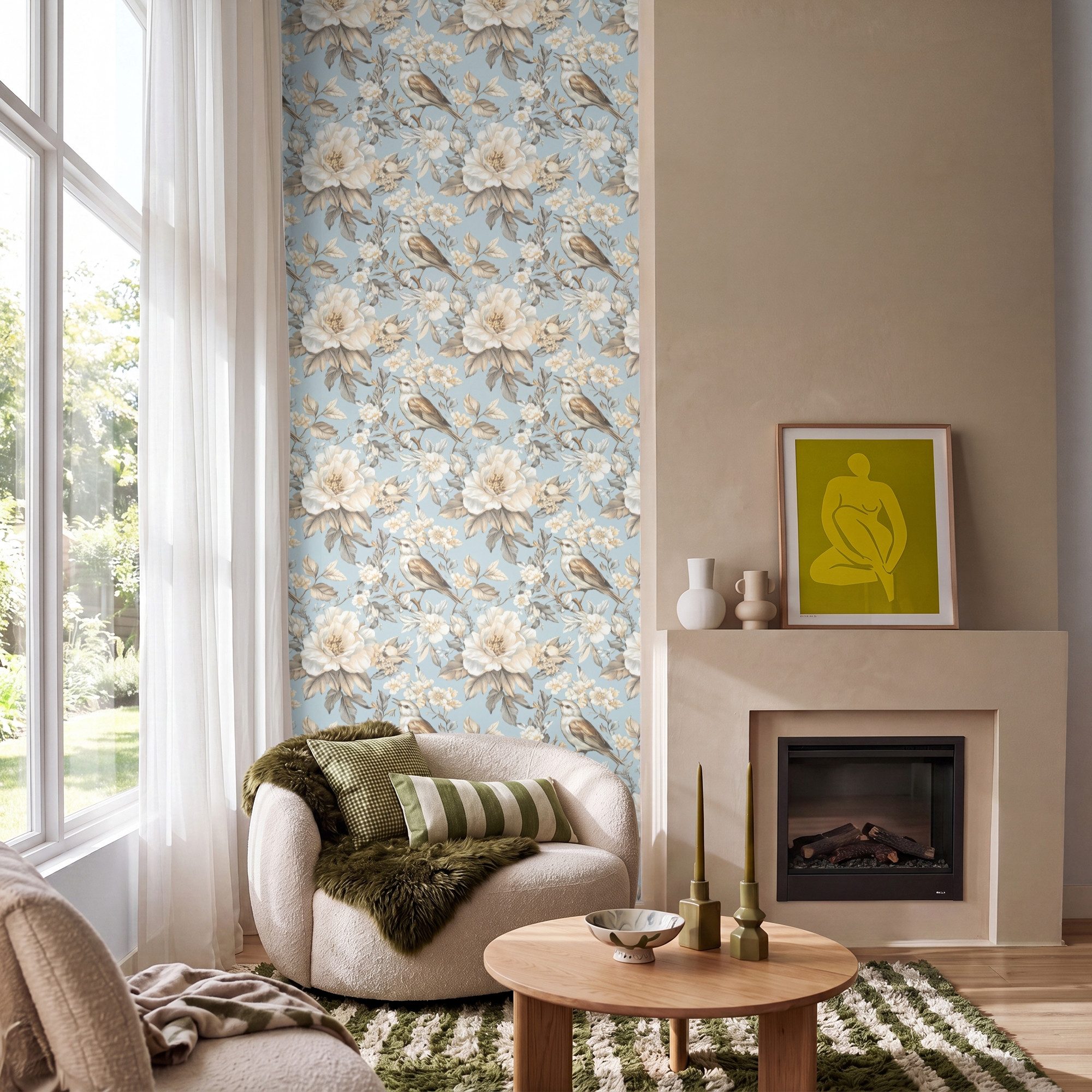 OnlyWow Fototapete Botanisch - Singvogel - Blau, Matt, bedruckt, Schlafzimmer, Küche, Vliestapete, Modern 100x240cm