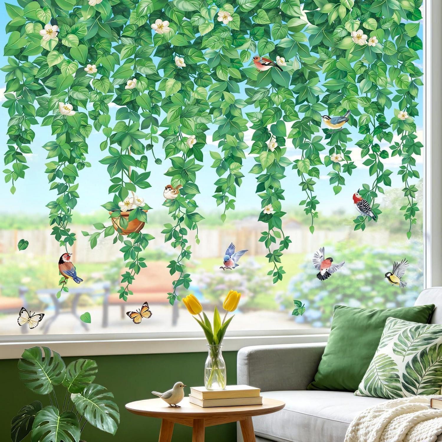 LuxusKollektion Fenstersticker Fensterbilder Reben Pflanzen Vögel PVC Wiederverwendbar
