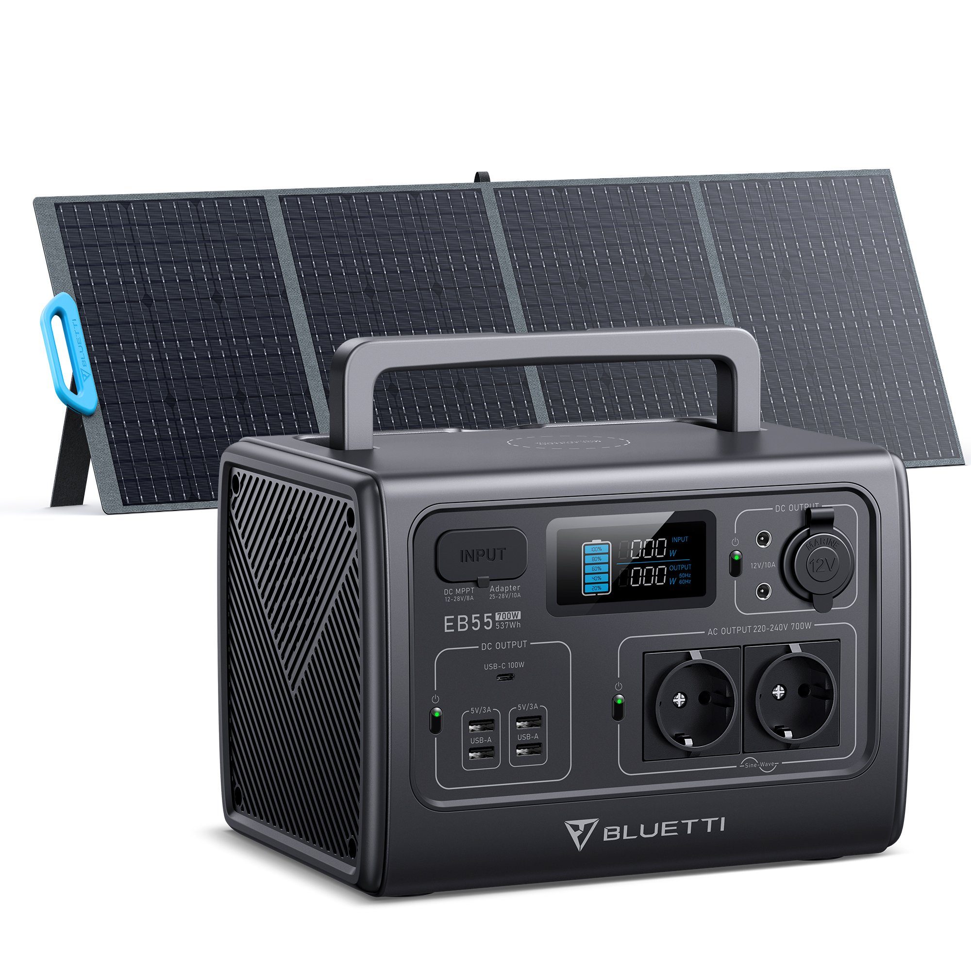 BLUETTI Генератори EB55 Solar Power Station mit 200W Solar Panel, (537Wh/700W LiFePO4 Batterie, 1-tlg., PV200 Tragbares Solarmodul), 700W AC Ausgänge