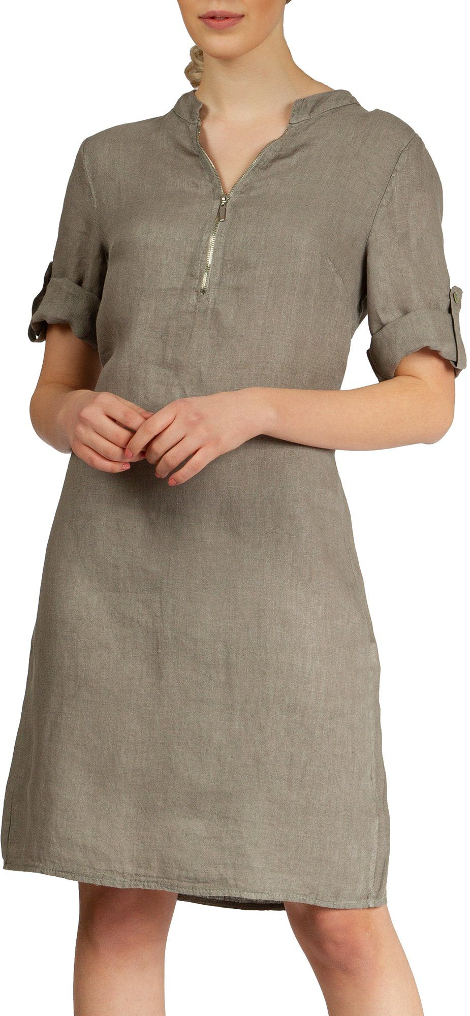 Sommerkleid SKL037 knielanges Damen Leinenkleid mit Reißverschluss Ausschnitt