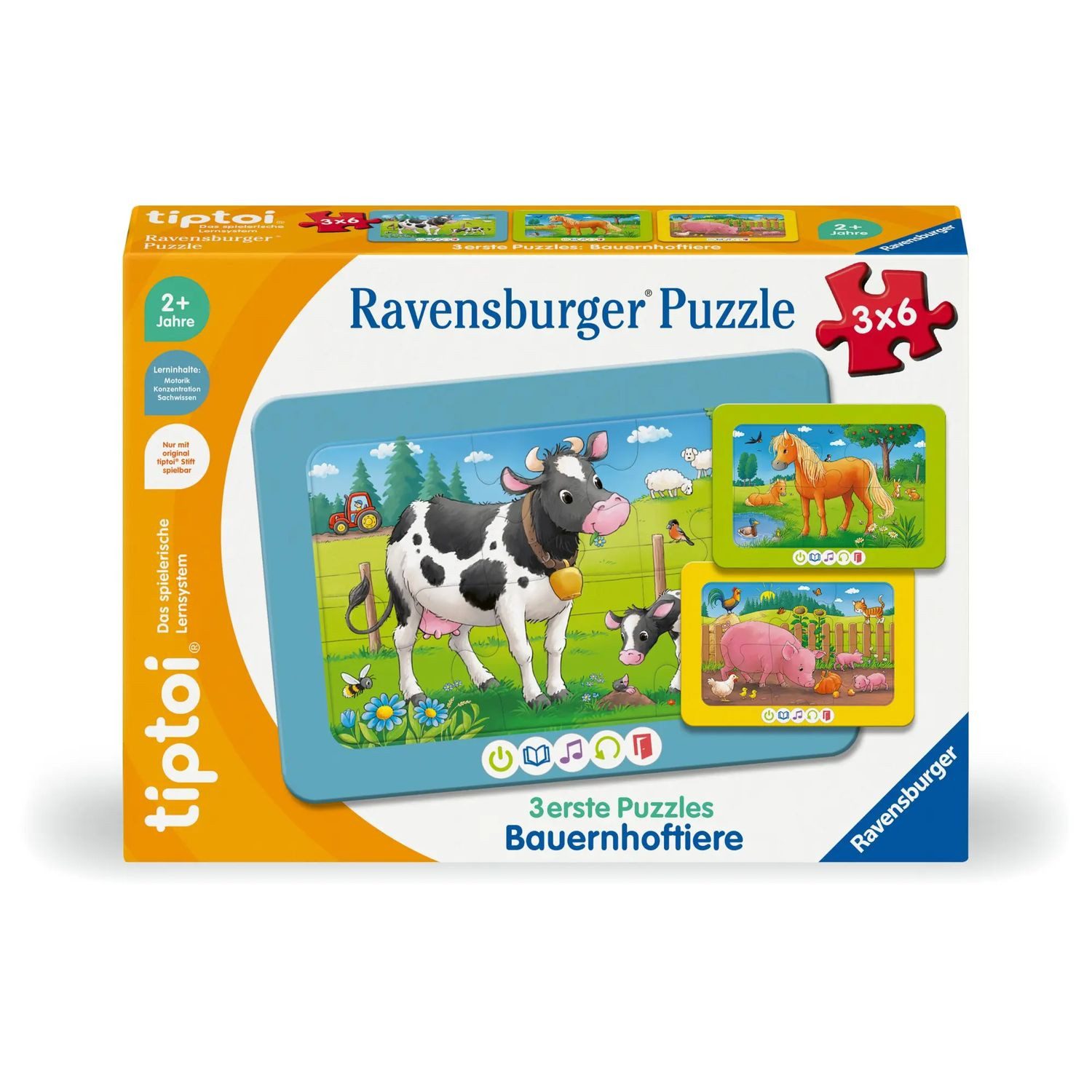 Ravensburger Puzzle tiptoi® 3 erste Puzzles: Bauernhoftiere - 3x6 Teile, Puzzleteile