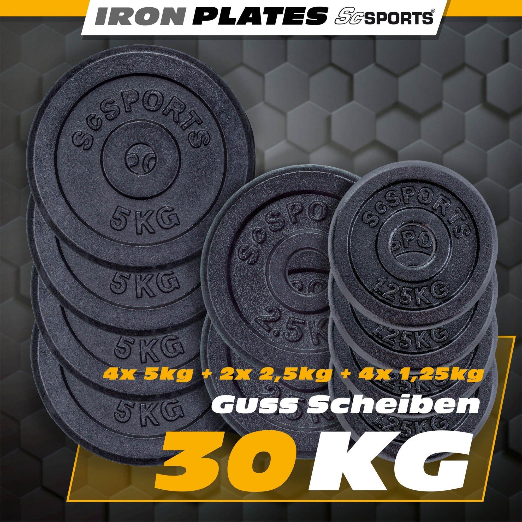 ScSPORTS® Hantelscheiben Set Ø Gewichtsscheiben Gewichte, 30mm kg (10003167-tlg) Gusseisen 30