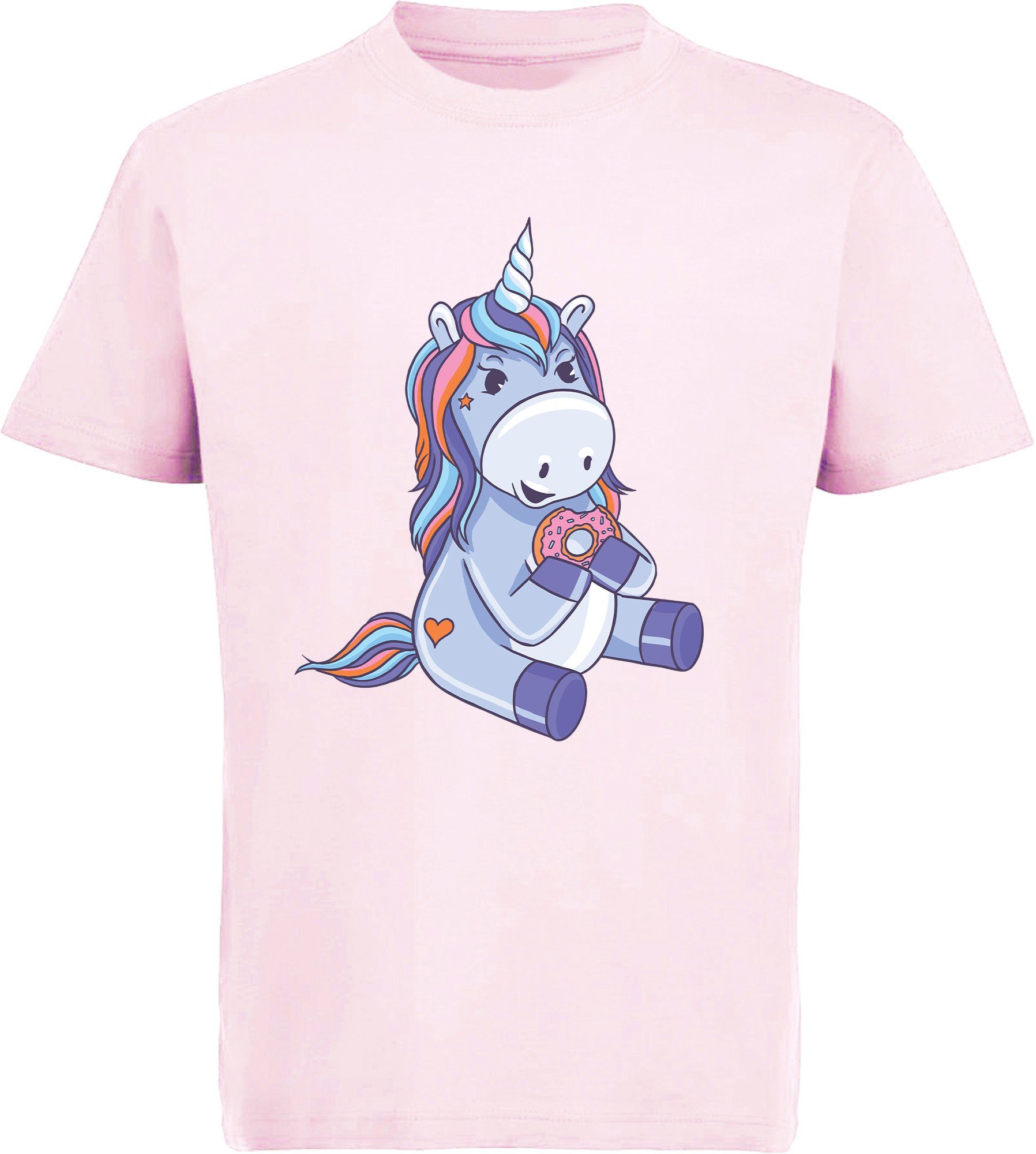 Einhorn mit - Donut MyDesign24 Baumwollshirt rosa essendes Print Shirt Aufdruck, Kinder bedruckt i249 Einhorn T-Shirt